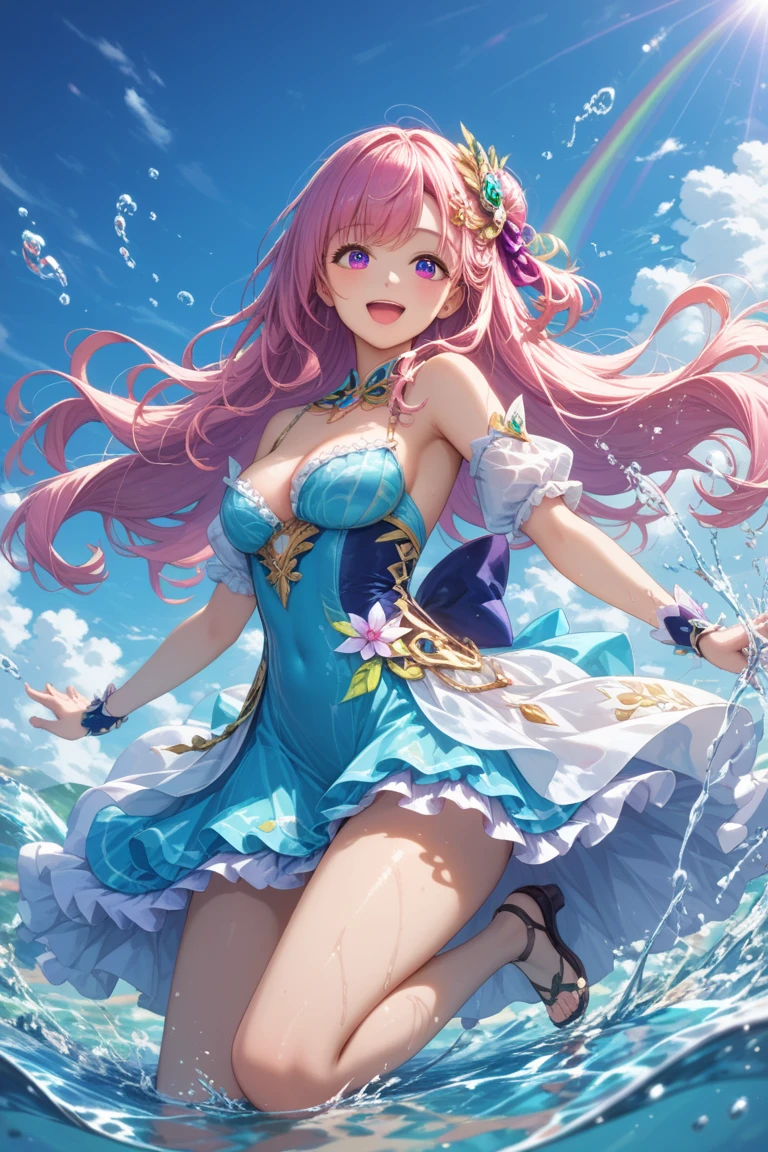 (master part, best quality:1.2), detalhes intrincados, Guardian Star Ahri, 1girl, orelhas de animais, ornamento de cabelo, Mangas em destaque, bareshoulders, Saia, magical girl, Multiple Tails, Spectral Burning Hairs, sorriso leve