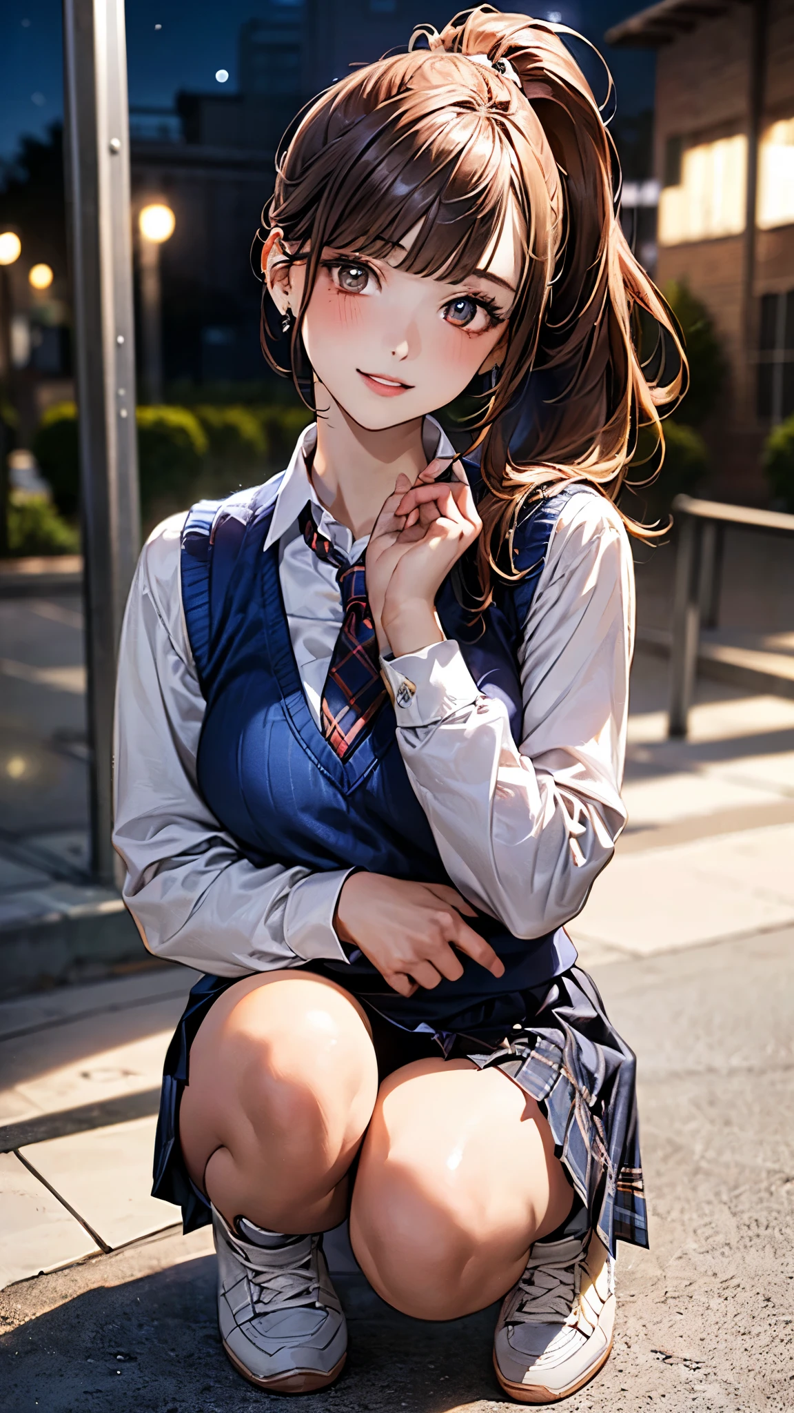 1 girl, brown hair, office lady, large breast, earrings, brown hair, wearing a pink plaid vest, white shirt, ((pink plaid pencil skirt)), earrings, ribbon, sit on the bench,, leaning forward, cute face, smile, blushing,  at the office, (((front view))), low angle, whole body, angle of view looking up from feet, best quality, depth of field, cinematic lighting, aesthetic, detailed face ((realistic)),  detailed clothes ((realistic)), 