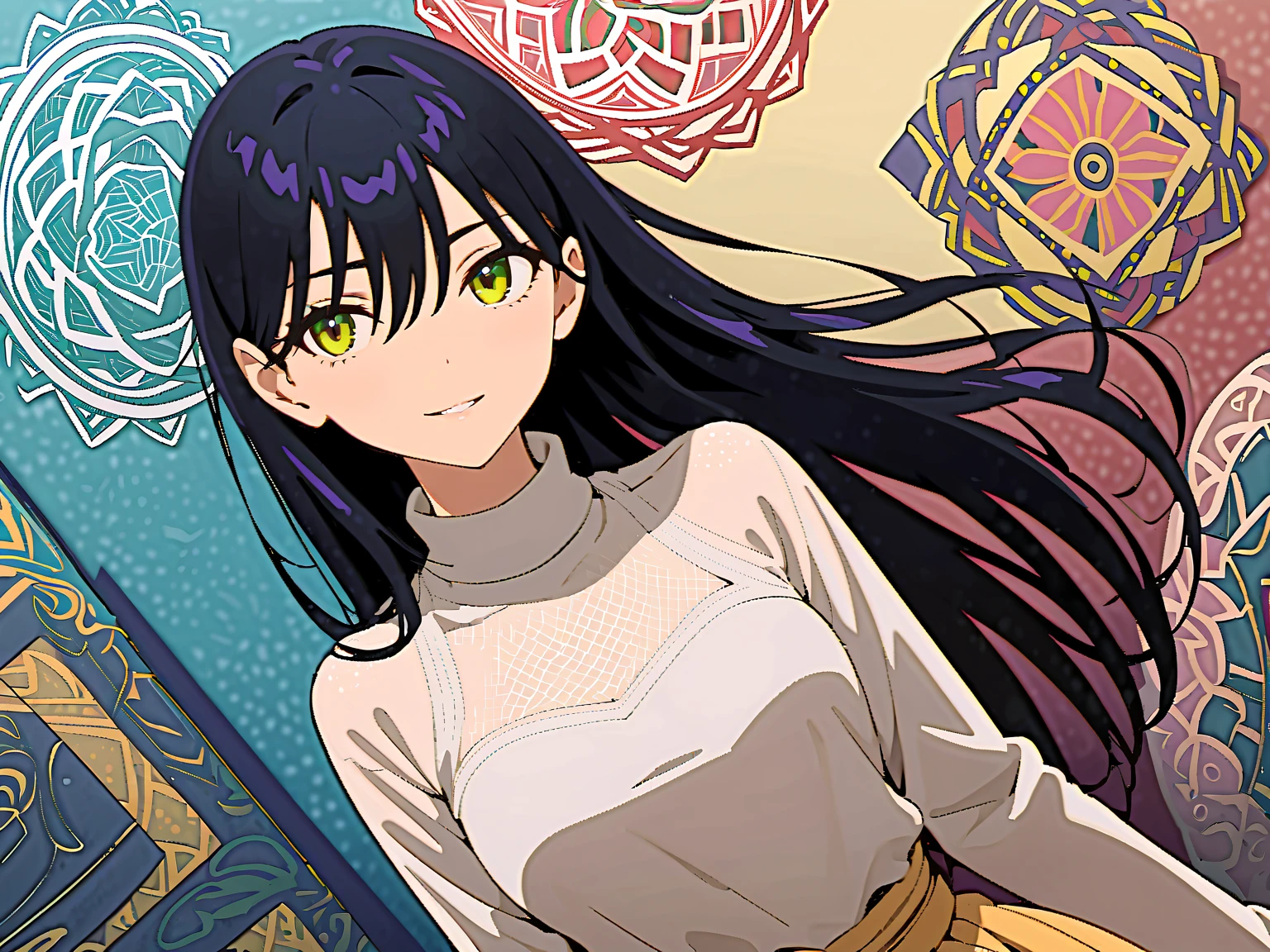 (masterpiece, best quality:1.4), looking at viewer, 
(wavy hair:0.8), long hair, black hair, colorful,