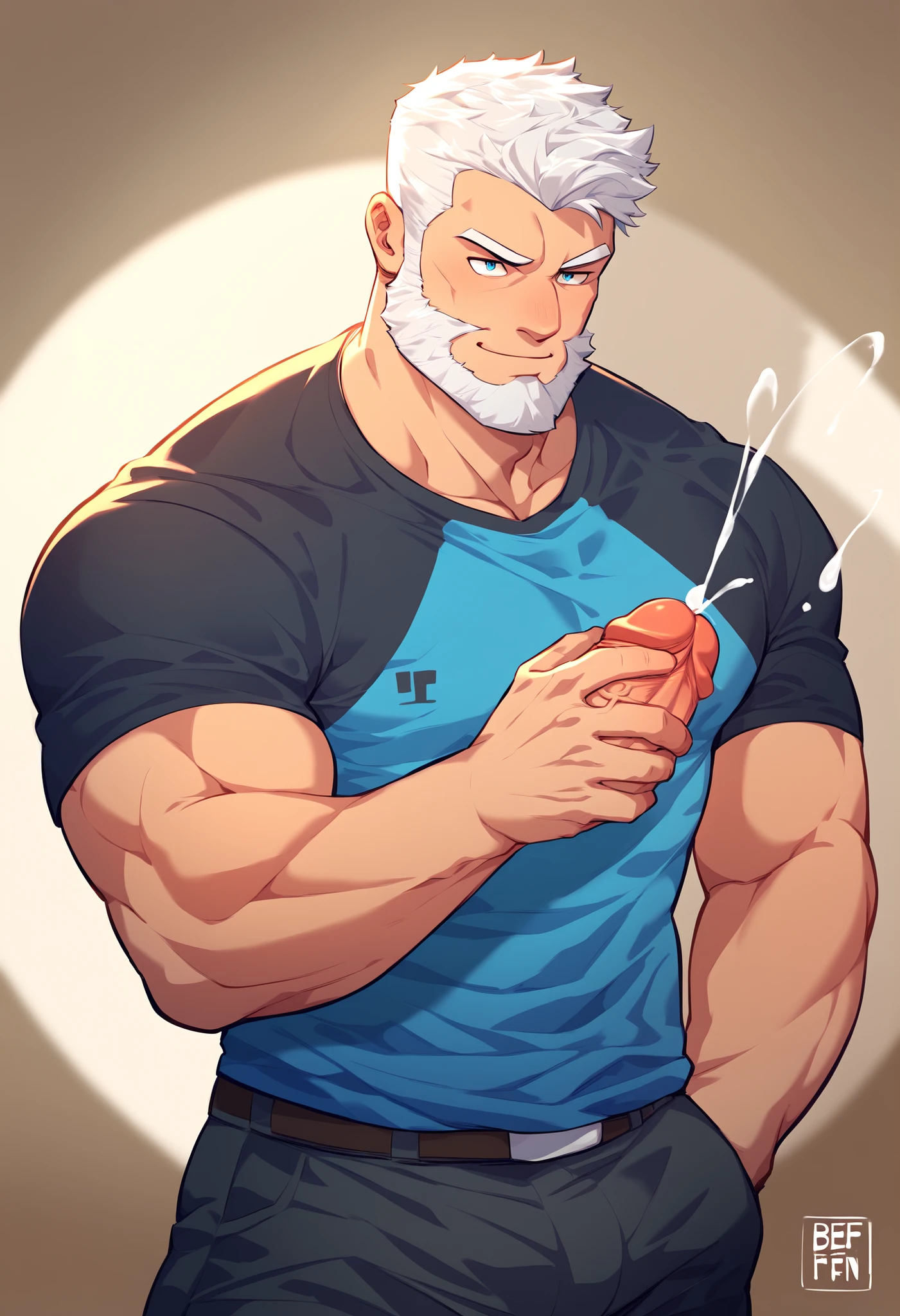 Masterpiece, best quality, arafed man with a beard and a blue tie dye shirt, mid-shot of a hunky, beefy, robust stocky body, thicc, gigachad muscular, attractive beefy man, thick body, wearing short brief, half bodybshot, big cock, handling a cock with cumshot