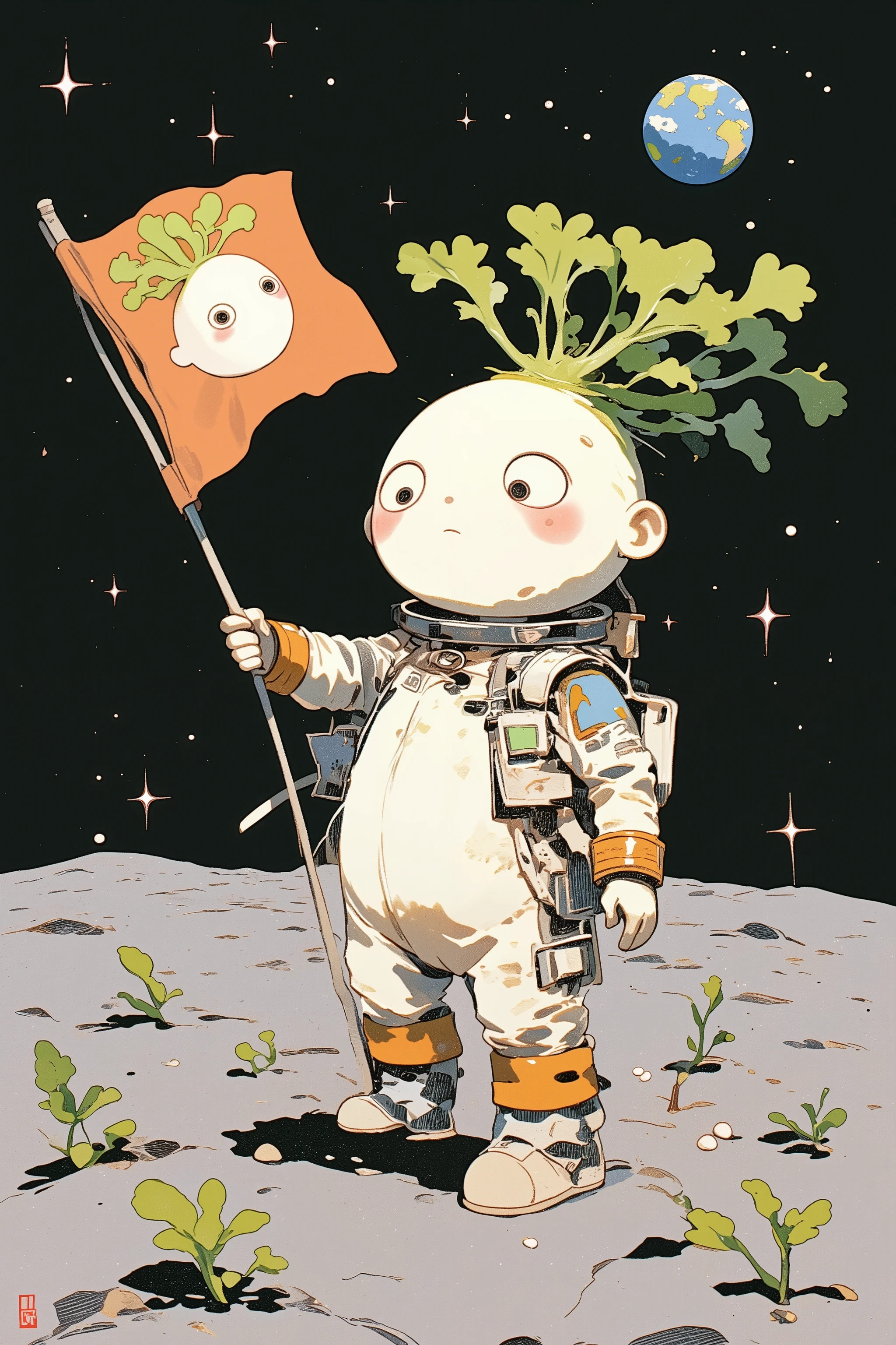 Closeup of daikon wearing a spacesuit on the lunar surface, large round face, comic,Gonzo, muppet punk,The moment a flag with a picture of a daikon is raised on the lunar surface,Style daikon ,Earth and stars background on the lunar surface, comicスケッチ,Gonzo,muppet punk, Daikon shoots growing from the lunar surface,Rough