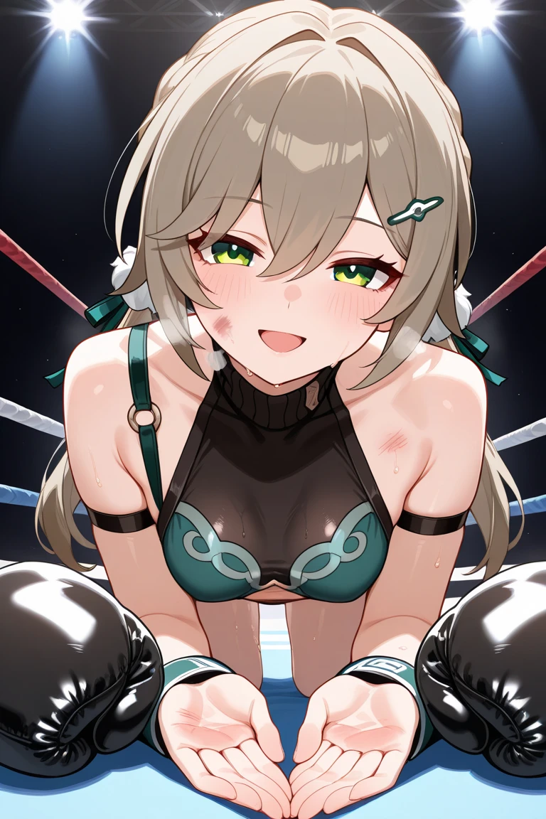 ((masterpiece)),((best quality)),(ultra-detailed),(an extremely delicate and beautiful),detailed background,((1girl)and(1muscular boy)),((((hetero)))),(((wrestling ring))), (1girl,tall stature), ((((Stelle/(Honkai:star rail/)))), clothing aside, cowgirl position, bouncing breasts, (((man of top))), nipple, penis, pussy, vaginal penis, (((motion lines))), (((vulgarity))), motion lines, leaning forward, POV, holding hands, interlocked fingers, ceiling, looking down from below, looking at viewer,((((ejaculation)))), (cum in pussy:1.4),cum on clothes,cum on breasts,(excessive cum),((((1muscular boy,tall stature)))),large penis,dark-skinned muscular boy,interracial,