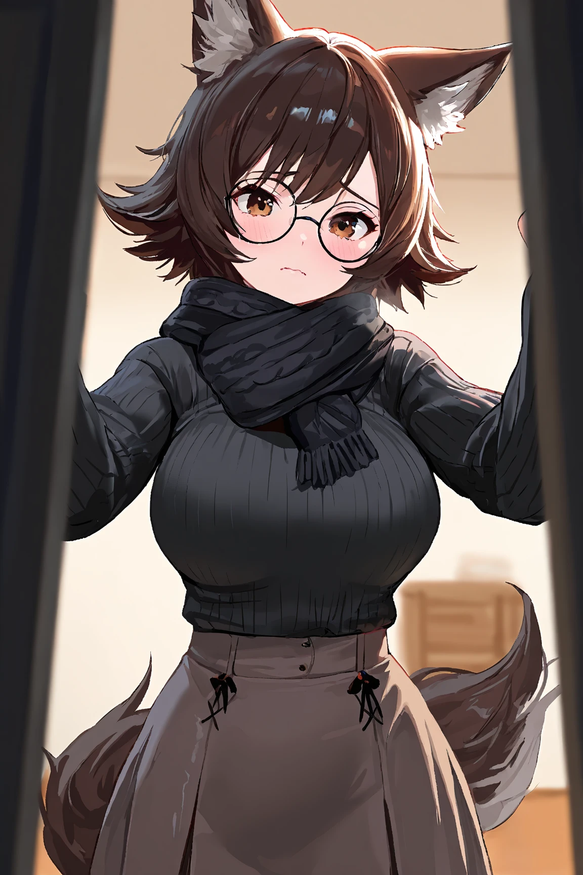 Solo, female, dark brown eyes, dark mahogany hair, short hair, wavy hair, black eyelashes, black eyeliner, lips, pink lips, lip gloss, pink nose and inner ear, black glasses, big breasts, dark grey fur, plain fur, copper highlights in hair, copper hair streak, alleyway, plants, golden hour, by bebebebebe, by spuydjeks, standing, facing viewer, dark grey face fur, her face is dark grey, yellow turtleneck sweater, cleavage