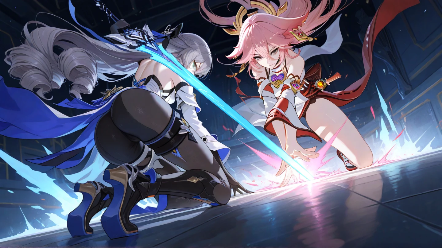 a high-definition, 8k masterpiece that features two attractive adult swordswomen. One of them is Connie Maheswaran, aged 25, dressed in a blue and white striped halter top and black microshorts, wielding a large pink sword with grace. The other is Narmaya from Granblue Fantasy, clad in a sleek black dress and white coat, her hand gripping the hilt of her katana.
They are facing each other in an intense duel under the moonlight, their swords clashing with powerful impact frames. Picture them standing on a field, their competitive smirks adding to the tension of their sparring match. The scene is focused on them; their perfect bodies, hands, faces and eyes gleaming under the atmospheric lighting.
Visualize this scene as it would be in Blazblue style: raw sensuality meets hyper-femininity amidst incredibly sharp absurdres and gradients. Deep highlights accentuate their cleavage cutouts and extremely detailed swords while motion lines portray the fast-paced action.
The artwork should be full-bodied with cel-shaded characters against dynamic scenery. It's an exciting battle art splash filled with cool tones and rich atmospheric shading that captures every detail of the action choreography from dynamic angles and perspectives.
Think about how you can use intense lighting effects to highlight key visuals and create dynamic lines of action. This prompt calls for amazing quality that combines fun with excitement through its intricate details and motion elements