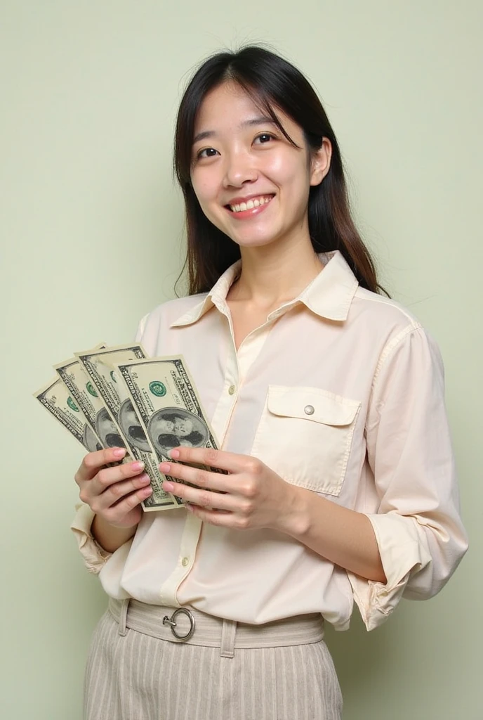 Create an 18 year old Asian businesswoman, standing, holding money, smiling with a cute face. Full photo of a woman wearing a shirt that reveals her breasts, young and successful