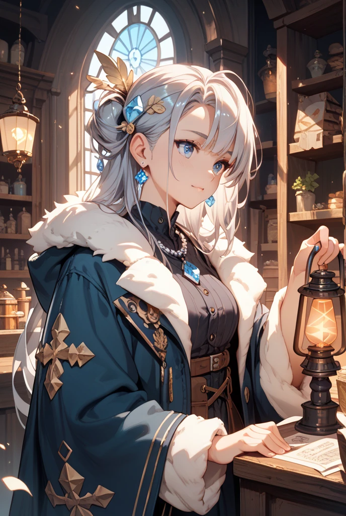 1 Close-up of a girl, elvish, has silver hair, Red Eyes, bob cuts, Braids, Sorcerer, robe, frilld, tights, cloak, inside room, Sitting in front of the PC, Troubled face, concept-art, beautiful anime scene, Beautiful anime scenery, beste-Qualit, masterpiece