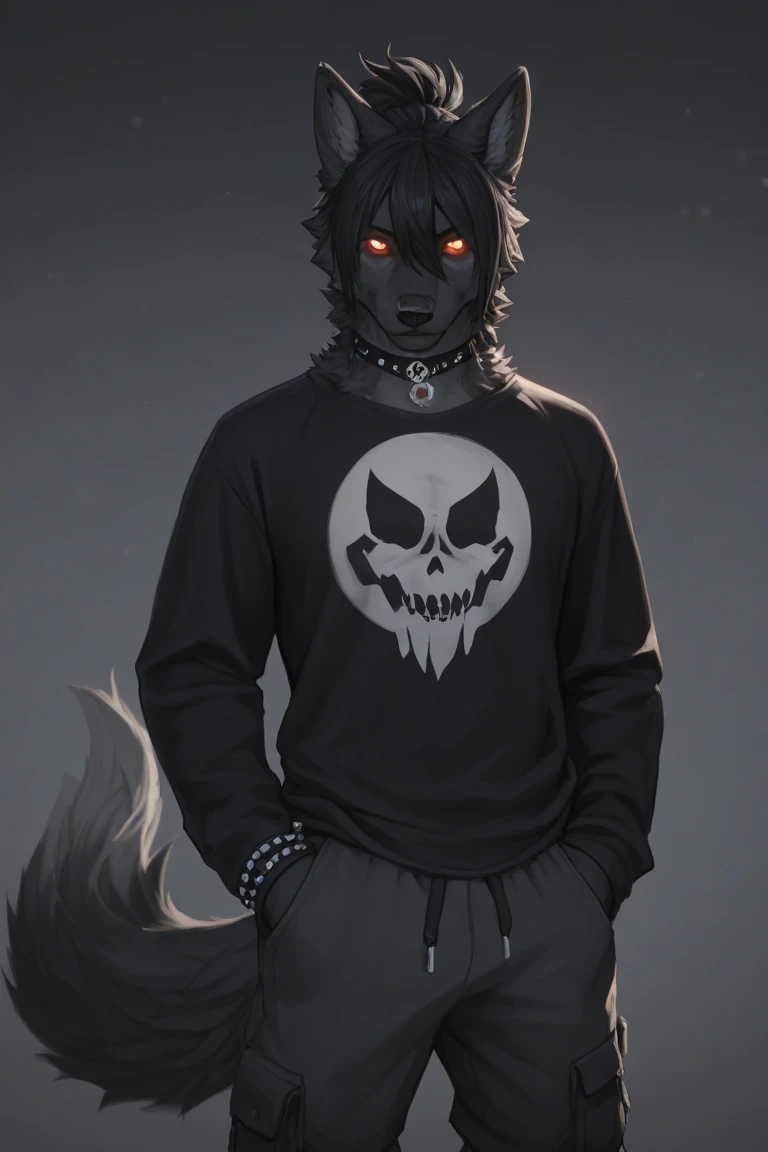 1boy, (femboy), canine furry, anthro, (canine skull head), half skeleton arms, black sclera, fluffy neck, broken antlers, dark grey fur, shy expression, arms crossed, wearing sport shorts, thigh high leg warmers, wearing an oversized hoodie top, score_9, score_8_up, score_7_up, score_6_up, score_5_up, score_4_up