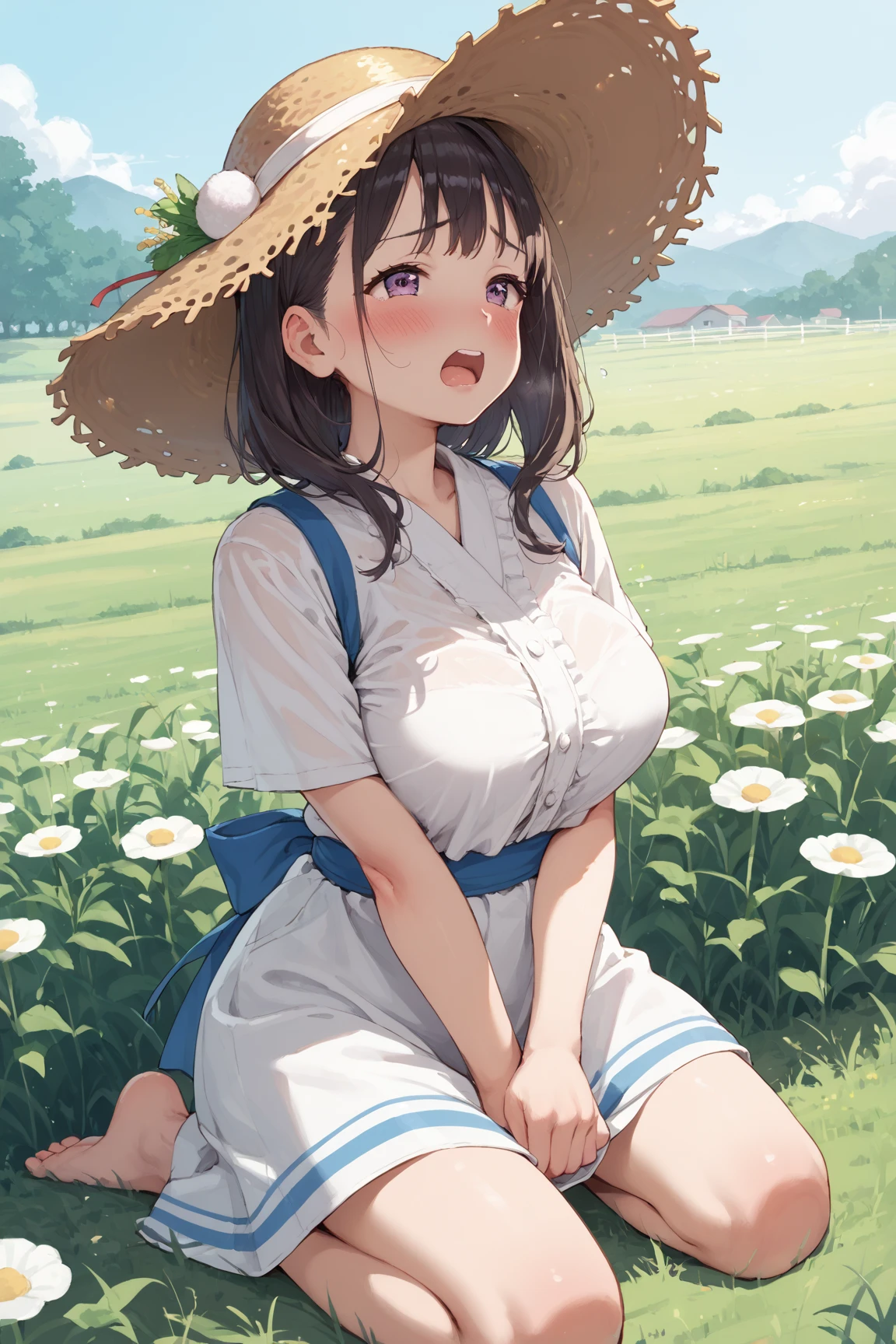 masterpiece,1girl, gyaru, smile, (White dress 1.2), (((White Underwear 1.3))), cleavage,peace sign, (((((skirt lift:1.2))))), outdoors, grassland,sunflower,black hair, long hair,long ponytail,red hair bow,blue sky,red eyes, closed mouth, day, Straw hat,short sleeves, 独奏, from front,full-face blush,surprised,front view,open mouth,looking at viewer,panties,standing,wind,skirt rolls up,panty shot,hands up