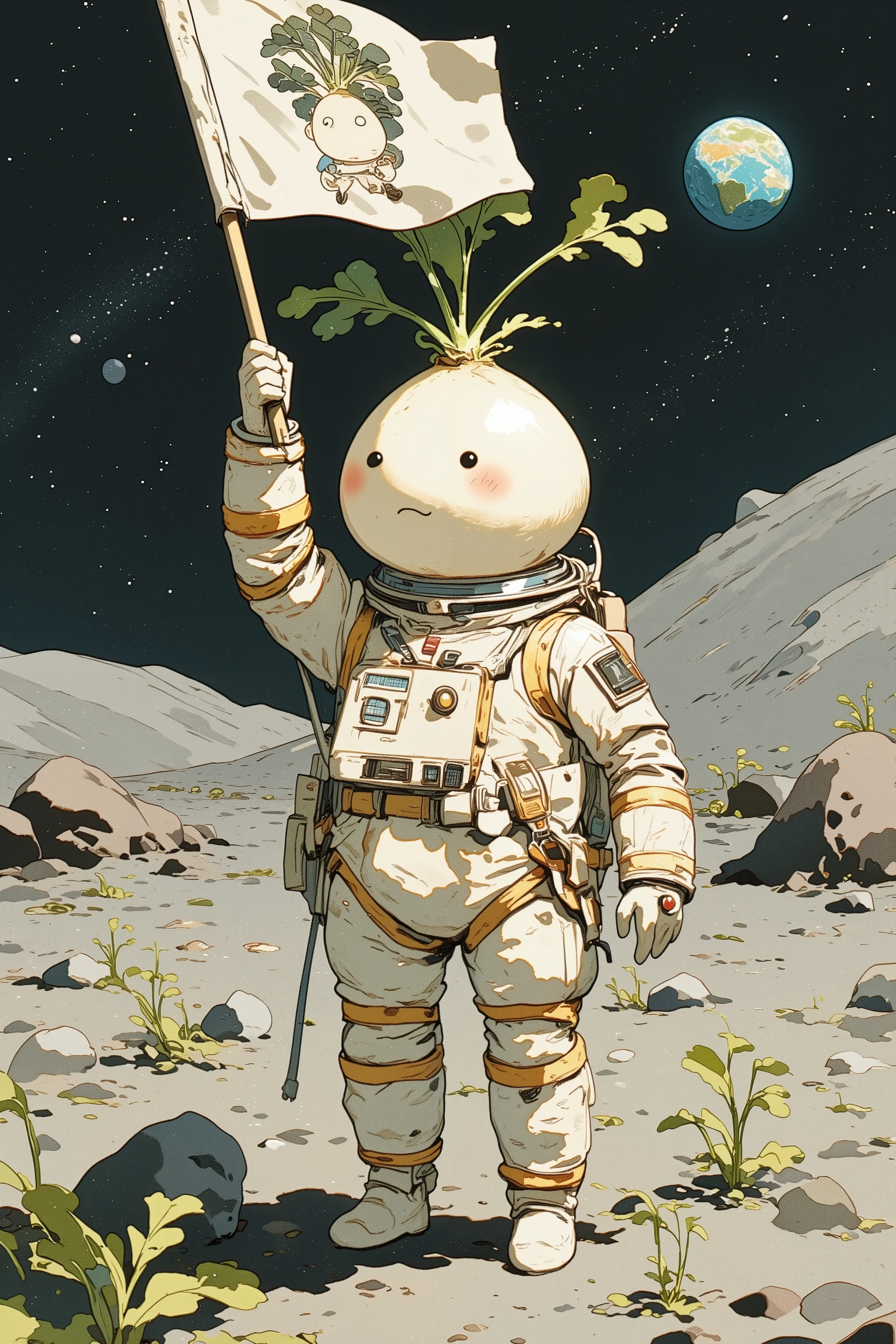 Closeup of daikon wearing a spacesuit on the lunar surface, large round face, comic,Gonzo, muppet punk,The moment a flag with a picture of a daikon is raised on the lunar surface,Style daikon ,Earth and stars background on the lunar surface, comicスケッチ,Gonzo,muppet punk, Daikon shoots growing from the lunar surface,Rough
