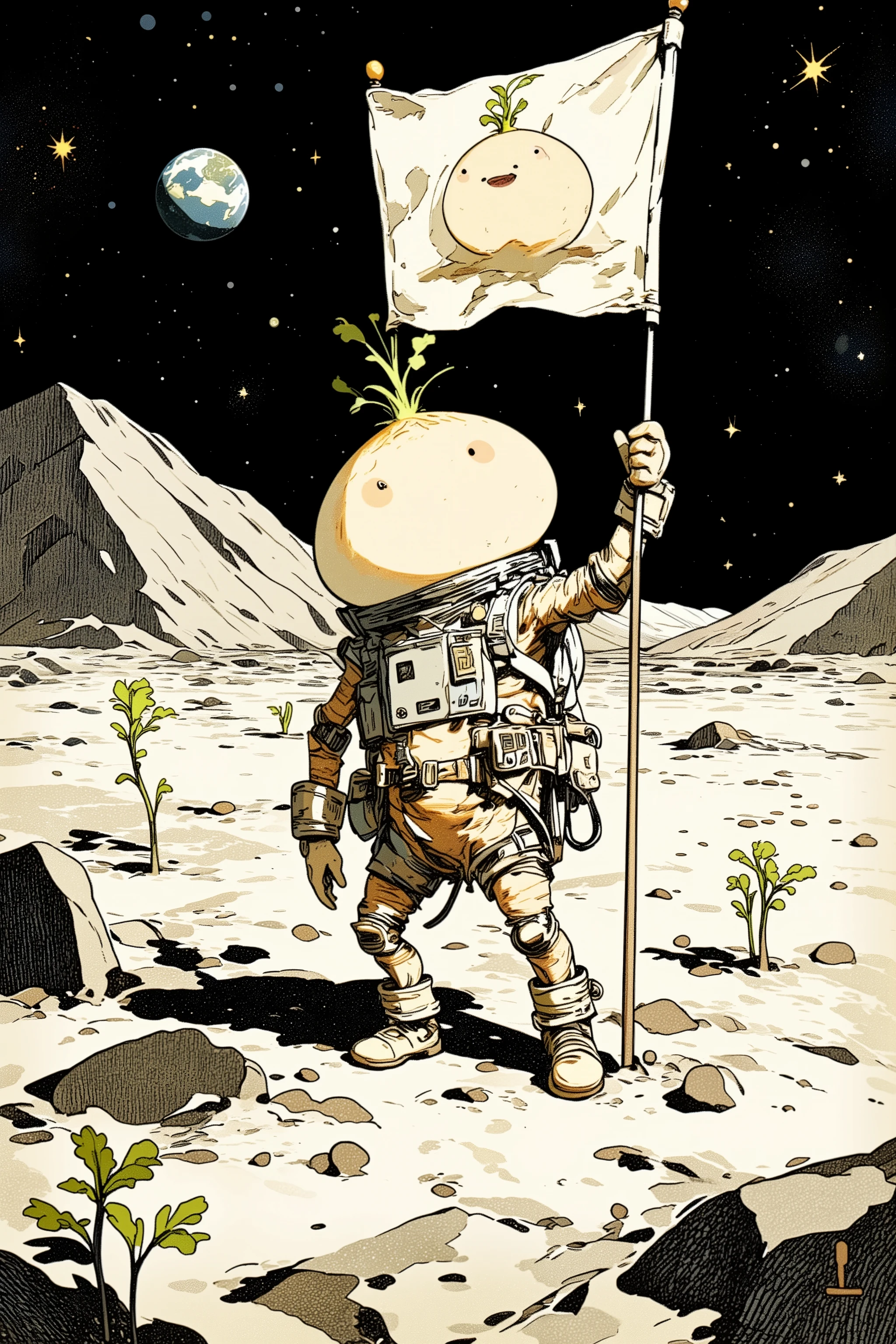 Closeup of daikon wearing a spacesuit on the lunar surface, large round face, comic,Gonzo, muppet punk,The moment a flag with a picture of a daikon is raised on the lunar surface,Style daikon ,Earth and stars background on the lunar surface, comicスケッチ,Gonzo,muppet punk, Daikon shoots growing from the lunar surface,Rough