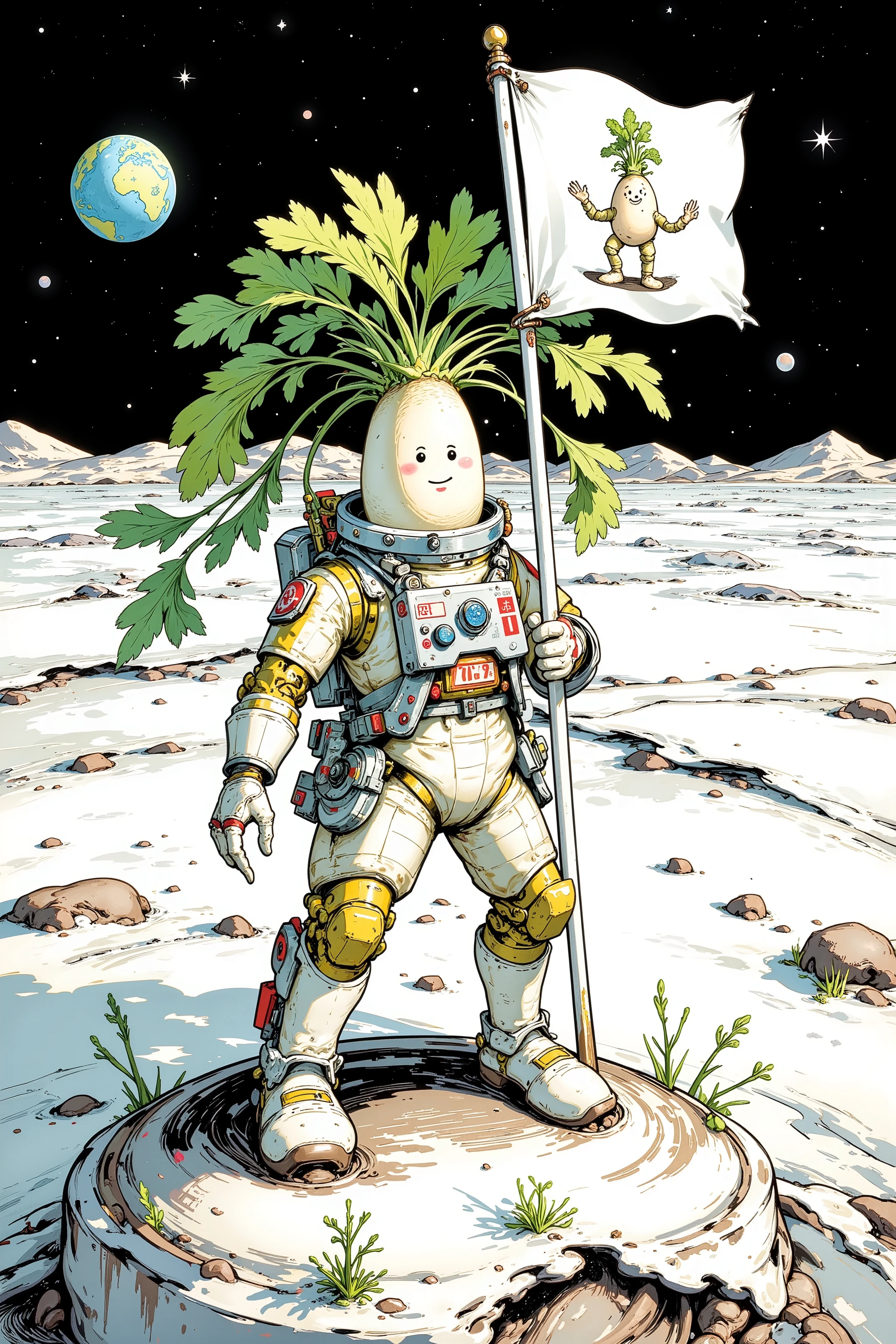 Closeup of daikon wearing a spacesuit on the lunar surface, large round face, comic,Gonzo, muppet punk,The moment a flag with a picture of a daikon is raised on the lunar surface,Style daikon ,Earth and stars background on the lunar surface, comicスケッチ,Gonzo,muppet punk, Daikon shoots growing from the lunar surface,Rough