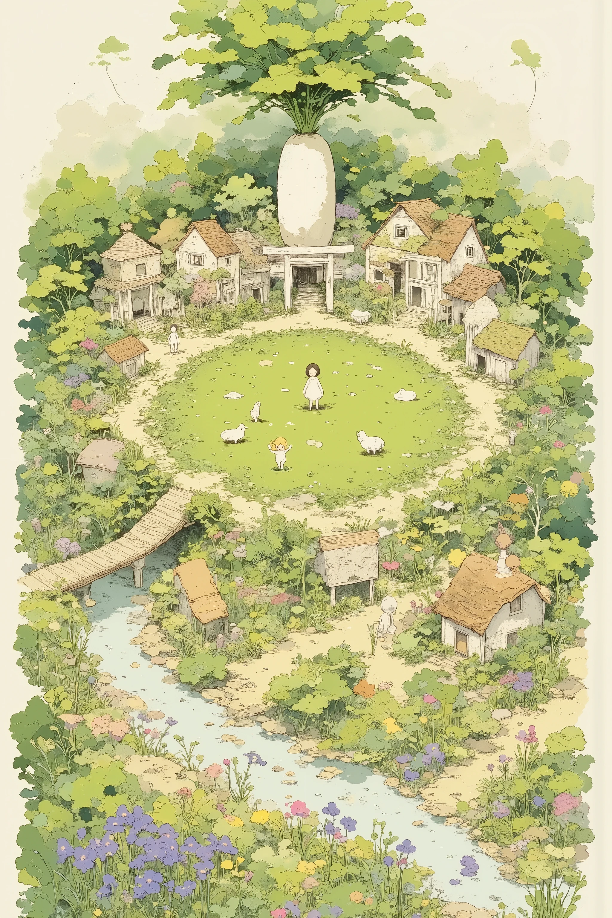 Aerial view of Daikon Village,In the center of the village, there is a vast radish field with neatly lined up white radishes and green leaves,Farmhouses with thatched and tiled roofs are scattered all around,Fairy Tale Village,view from above,Impressive bird's eye view,A stream flows gently around the village、A wooden bridge,Irises and willows add color to the riverside,Children and animals play near the houses,In one corner of the village, there is a unique white torii gate and a giant radish statue(Daikon Shrine)There is、Children are gathering,Fable design,Smooth design sketch,Complex Design Sketch,retro futuristic,In the distance, there are gentle mountains and deep forests, clear blue sky ,Birds are flying,Warm and lively , The differences in the terrain are expressed using colors and shadows,High places are light brown、Low places are painted green and blue,Forests and bamboo groves on the outskirts of the village、Mountain trail,connected to nature,Seasonal feeling in midsummer,Aerial view of famous places(Yoshida Hatsusaburo)