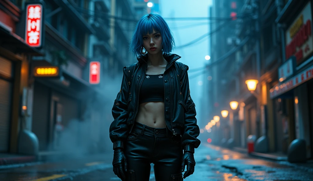 Dark and dark full body 8K drive rendering, Teenage Female Cyborg, blue hairs, Wearing broken battle armor, In a cluttered and messy hut, action SHOT, Torn tattered shirt, Cracked porcelain skin, Skin pores, Detailed complex iris, Very dark lighting, heavy shadow, Detailed and detailed face, ((vibrating, photos realistic, realist, Dramatic, murky, foco nítido, 8?And then)), ::Futuristic cyberpunk style, Realistic style, ::n_digital-painting style
