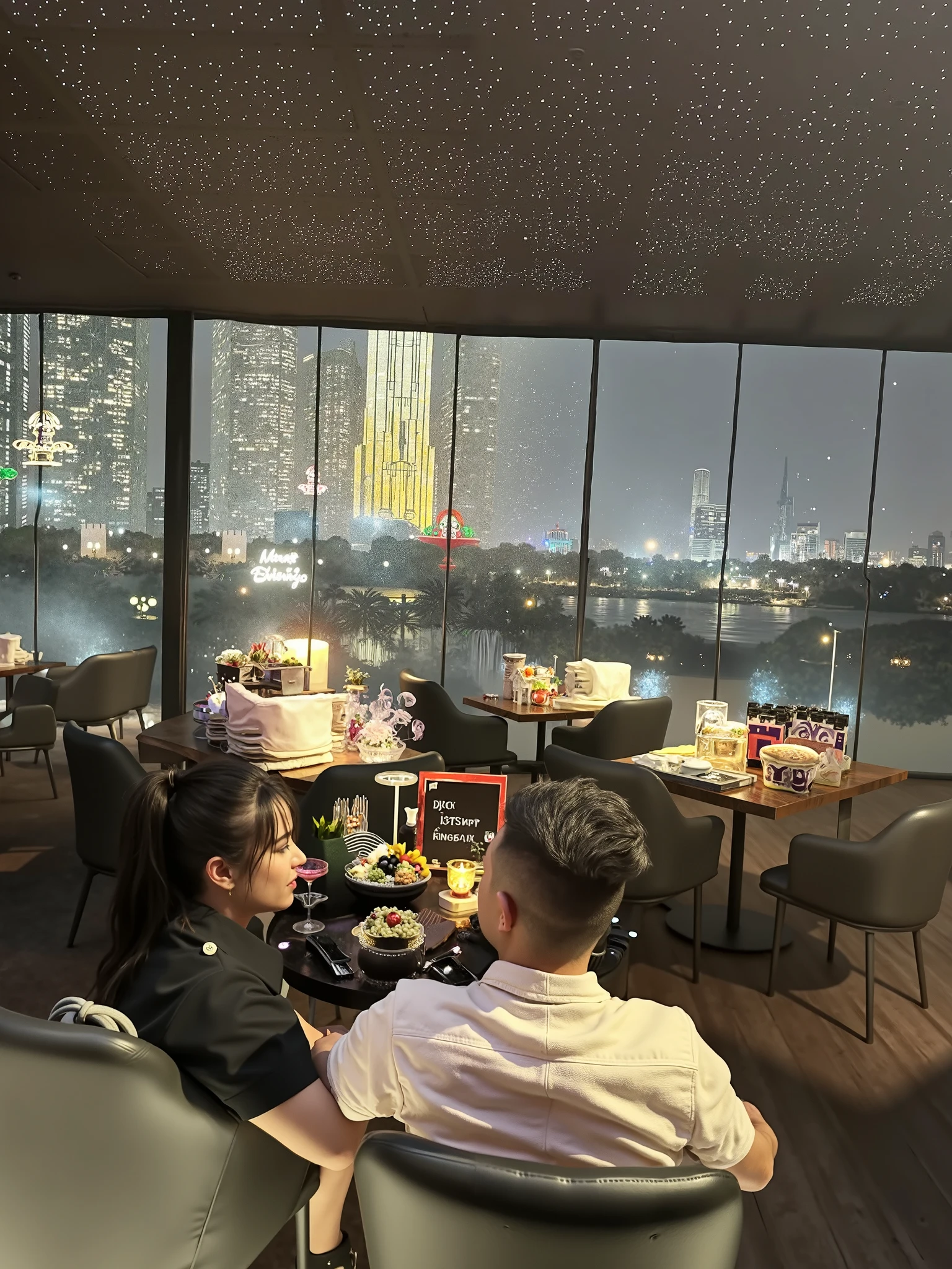 bar,sky bar,Realistic image quality,8K,best qualtiy,masterpiece,movie-level quality,1girl,1boy,kiss,architecture,city,(rose:1.3),city lights,(bar counter:1.4),cityscape,outdoors,rooftop,scenery,sky,skyscraper,cloudy sky,building,(night:1.4),(palm tree:1.2),lamppost,cup,the bar on the rooftop,champagne,skyline,buildings,balcony,railing,starry sky,a man and a woman are kissing,<lora:20240119-1705647975052:0.7>,