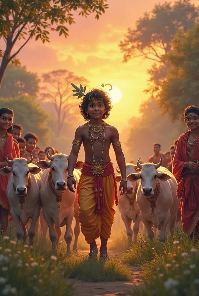 Character photo of baal gopal, cow , villagers  watching krishna 