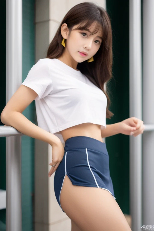 (((Open your crotch and take a photo from below)))、（Crotch enlargement:1.5）Close up with crotch emphasis、Open crotch、（Large Majora Meat Wall:1.5）、A smile、best qualtiy, Full body like，refined face，kawaii faces，Young Woman，slimfigure，Smaller bust，Volleyball Club Uniforms、Tight bloomers、Outdoor Scene,(Accurate and perfect face:1.3),(Long legs:1.3),Cinematic lighting, masutepiece, super detailing, High quality, high detailing, Best Quality, 16 K，High contrast、White background、Sweaty all over