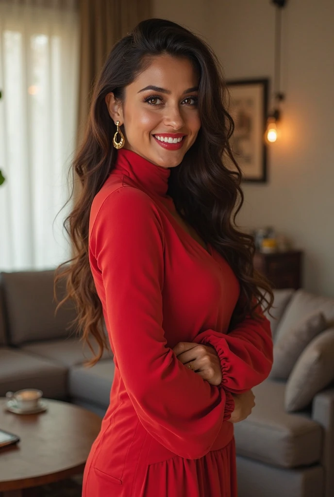 40-year-old woman standing in front of a Christmas tree, wearing a red short-sleeved blouse and black dress pants, with a red background, in red and black, She is looking directly at the camera with a neutral expression. The living room has yellow walls and there is a sofa in the background. Wearing festive clothes, wearing a red blouse, black pants, with a tree in the background. Fitness body. Woman in good physical shape, fitness woman, perfect face, perfect mouth.
Woman, ((Masterpiece, best quality)), full body view, detailed skin, highly detailed, cinematic lighting, ultra realistic, dark brown hair, medium hair, portrait, full body view, contrast, close-up, cinematic light, ultra-high resolution, RAW.
Woman with white skin and dark brown hair. She is around 40 years old, 165 cm tall and weighs 56 kg. She has a perfect mouth, a perfect face. Her body exudes glamor and her face is a definition of beauty. Slender body, thin waist. Highly realistic, hyperrealism, very elaborate skin, perfect face. Sharp Photo, High Resolution, High Quality, Masterpiece, 16K Photo, High Contrast, Masterpiece, Nude, Nude, NSFW.