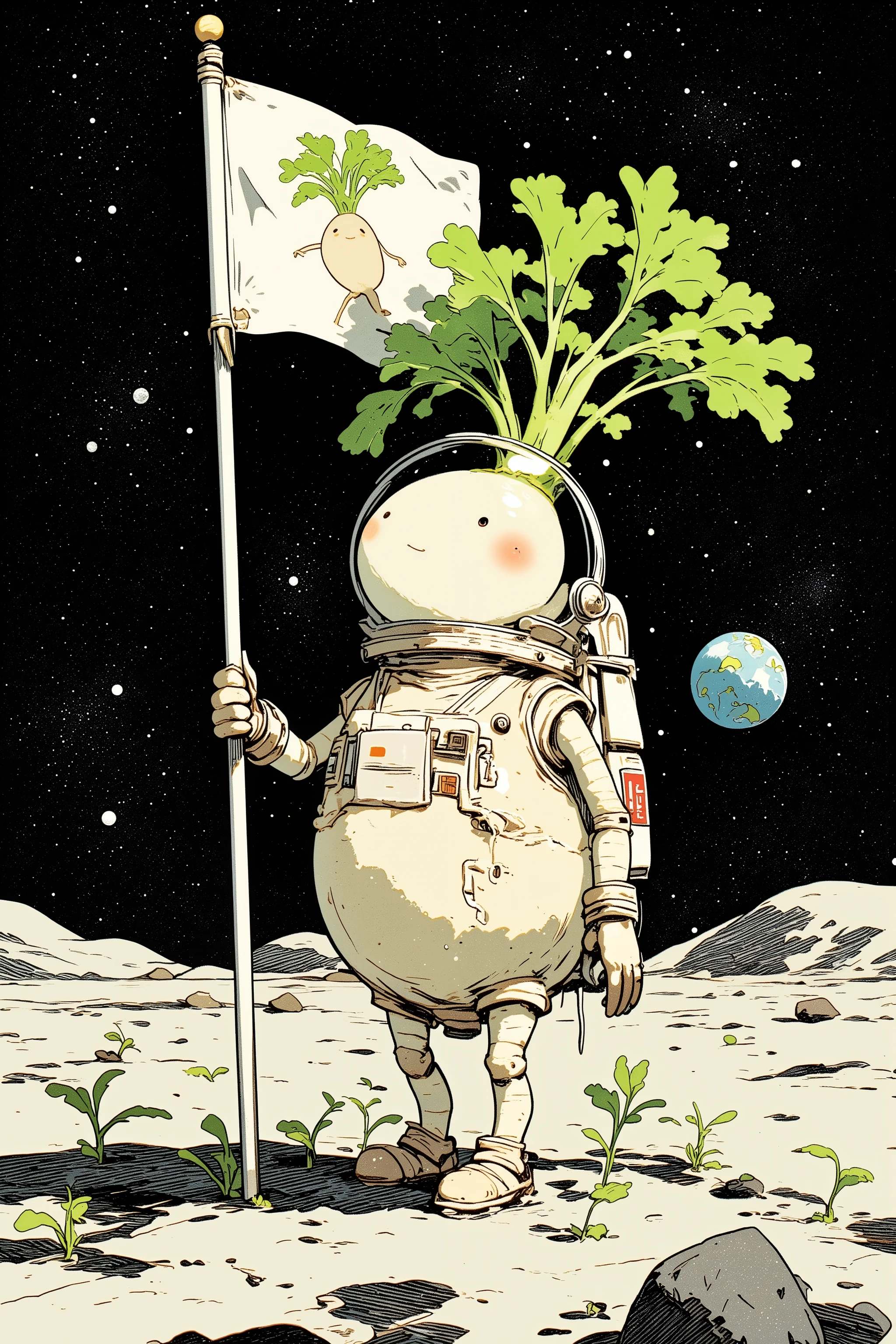 Closeup of daikon wearing a spacesuit on the lunar surface, large round face, comic,Gonzo, muppet punk,The moment a flag with a picture of a daikon is raised on the lunar surface,Style daikon ,Earth and stars background on the lunar surface, comicスケッチ,Gonzo,muppet punk, Daikon shoots growing from the lunar surface,Rough