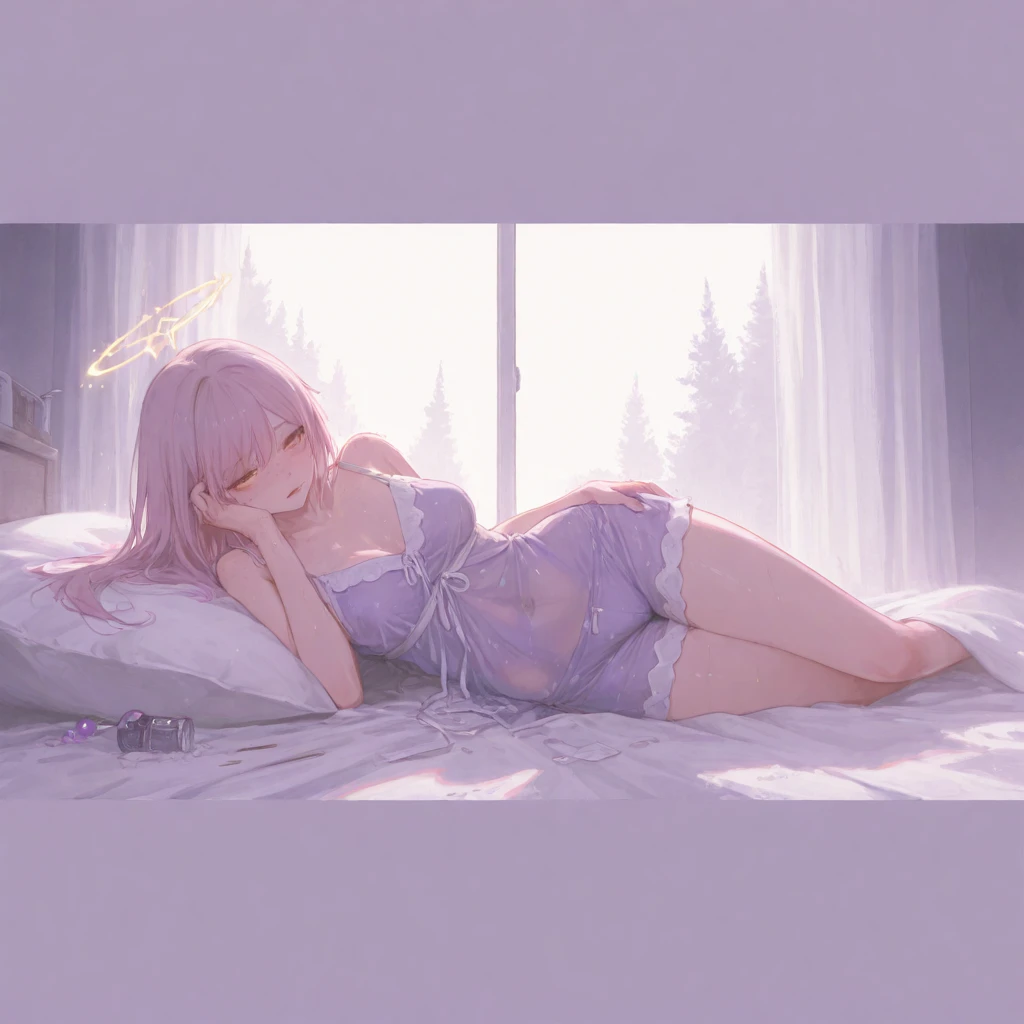 small girl, full length, correct anatomy, beautiful body, cute, pink hair, many details, super detailed, atmospheric lighting, high quality, HD, realism, tubuhnya berbaring di kasur, dengan posisi tangan memegang bantal, posisi berbaring, full body naked