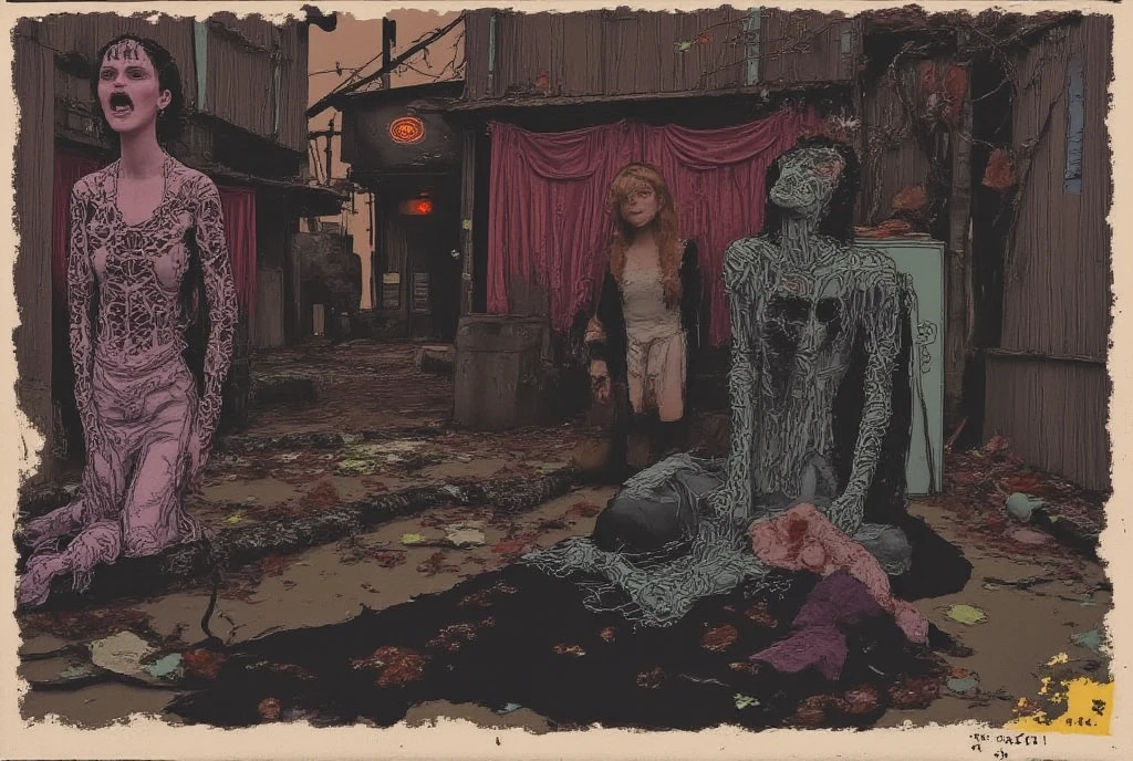 Masterpiece, highest quality, (high detail:1.2), creepy female monsters, creepy beasts, corner, phobia scene, bodies, corpsets, rotten meat, rotten skin, zoombie, blood, creepy, broken bone, bones, skeleton, a lot of dried blood and clots death, horror, obscure , shadows, swamp, horrifying creatures body rotten, sharp objects, living death, stumps, zoombies, gore, rotten organs, guts, dark macabre, virus, viruses and spores, mutants, mutations, altered DNA, sunset, strange creatures, post-apocalyptic, amputations, trauma, beats, bites, lacerations, hematomas and teratomas, post-apocalyptic background,1girl, blood tears, large breast, post mortem eyes, strange, tear the skin, blisters, rotten, fungus, undeath, dirt, human waste. (art signed by DarkEngel in the lower right corner).