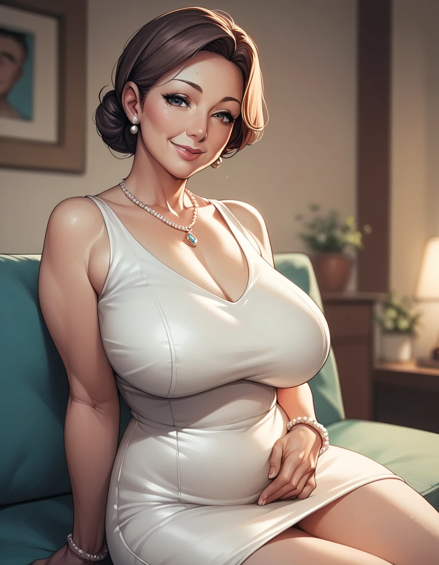 Alcina,yellow eyes,black hair,short hair, white dress with flower, single earring,cleavage, black gloves, veiny, upper body, standing, cowboy shot, curvy, leaning forward, looking at viewer,smile, castle,indoors,night, desk, (insanely detailed, beautiful detailed face, beautiful detailed eyes, masterpiece, best quality),solo,