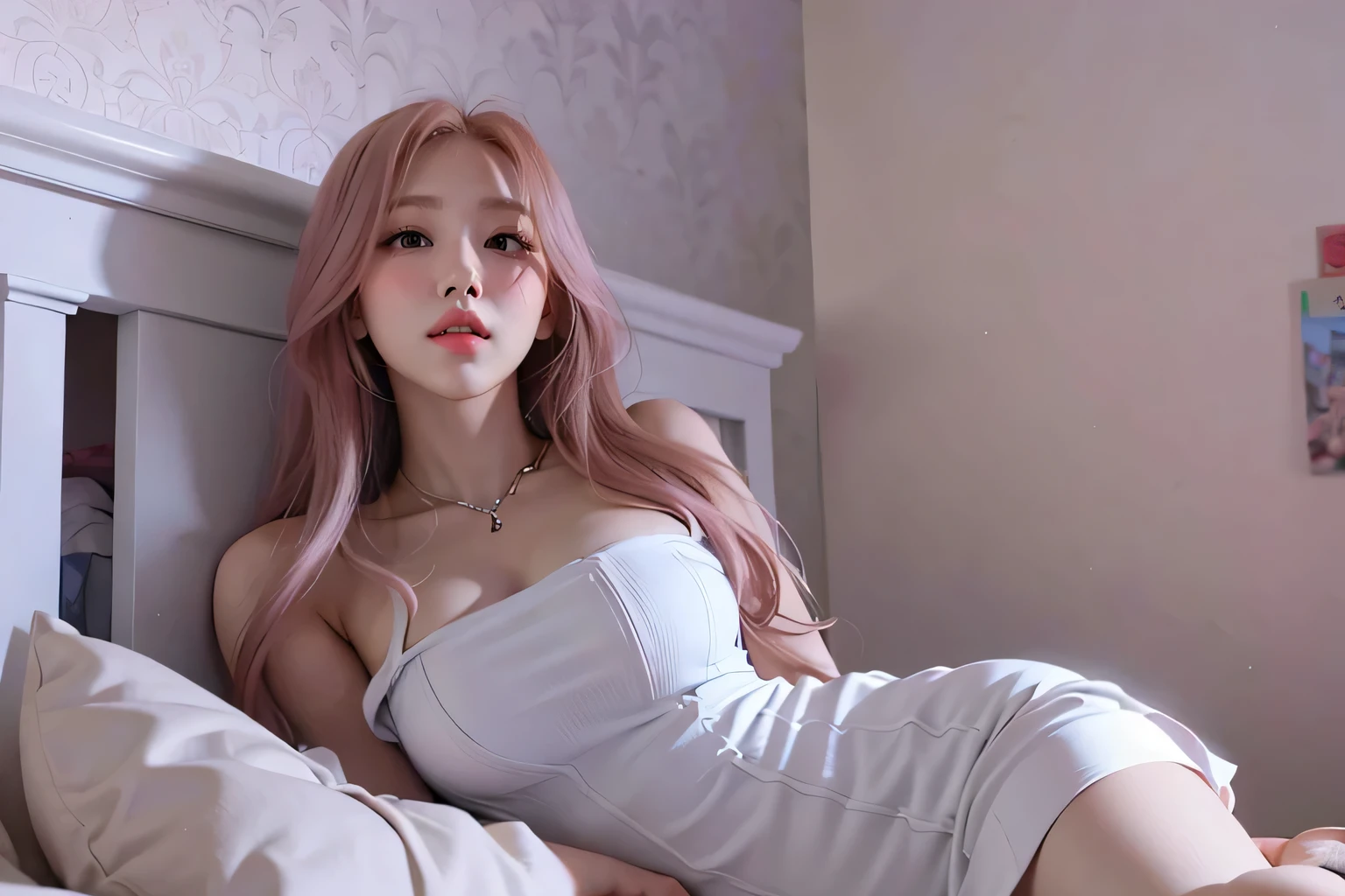 1 girl, fair_skin, white long hair, large ass, wearing a cute pink short dress, full lips, pretty long eyelashes, pretty eyebrows, soft looking skin, realistic bedroom, masterpiece, wearing white diamond earrings, sitting on bed, looking at viewer, (blue eyes)