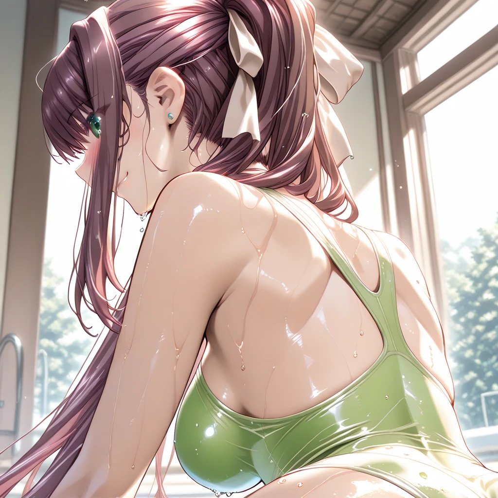 High resolution, high quality, 1 girl, anime girl, brown long hair, brown eyes, Green glasses, tanned skin, big breasts, (big ass),beautiful butt,sweat,wet,highleg cheerleader,arms behind head,raise your legs,at shower,(water),