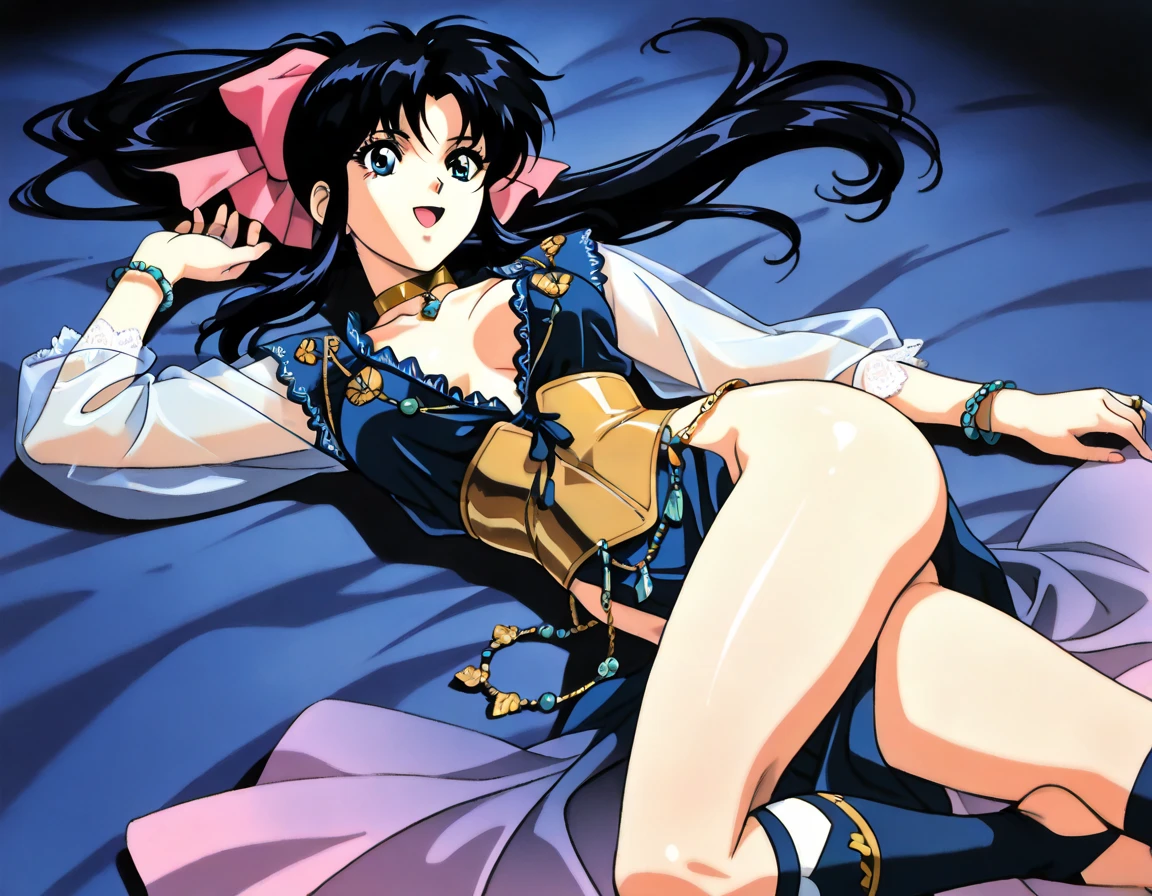 "(masterpiece:1.1), best quality,
1girl, (80s anime style:1.4), (eyelashes:1.5),
(intricate high detailed body:1.2),
black hair,
(blunt bangs:1.1), (wavy twintails:1.1), (holy hat:1.2),
red eyes, (red lip stick, eye shadow:1.1),
(dark skin:1.3), (curvy body:1.2), (medium breasts:1.1),
shy, open mouth,
(silver embroidery leotard armor, corset:1.2), (garter belt:1.2),
(mini skirt:1.1), (ahoge:1.2), bracelet,
standing, hand on hip,
(cowboy shot:1.1),
(simple white background:1.2)"