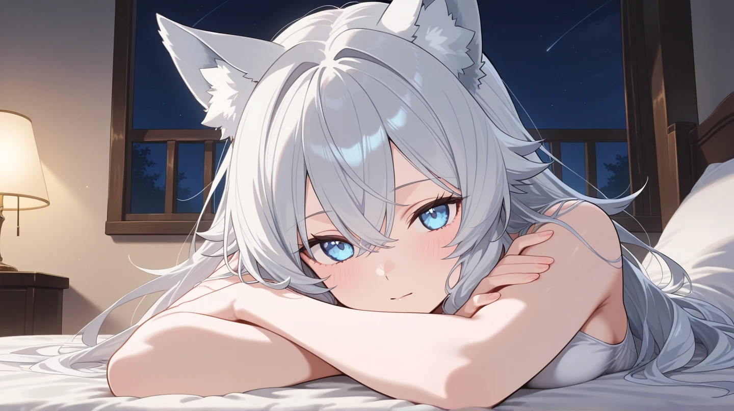 Fox ears, fox tail, white hair, short hair, blue eyes, blush, large breasts, mermaid dress, long dress, on bed, bedroom, snow, night, looking at viewer,