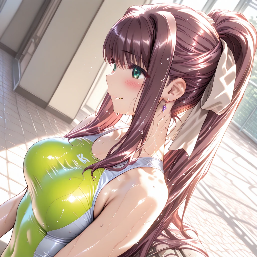 High resolution, high quality, 1 girl, anime girl,(close up of pussy),(close up of anus), brown long hair, brown eyes, Green glasses, tanned skin, big breasts, (big ass),beautiful butt,sweat,wet,bottomless,bottomless,cheerleader,arms behind head,raise your legs,at shower,