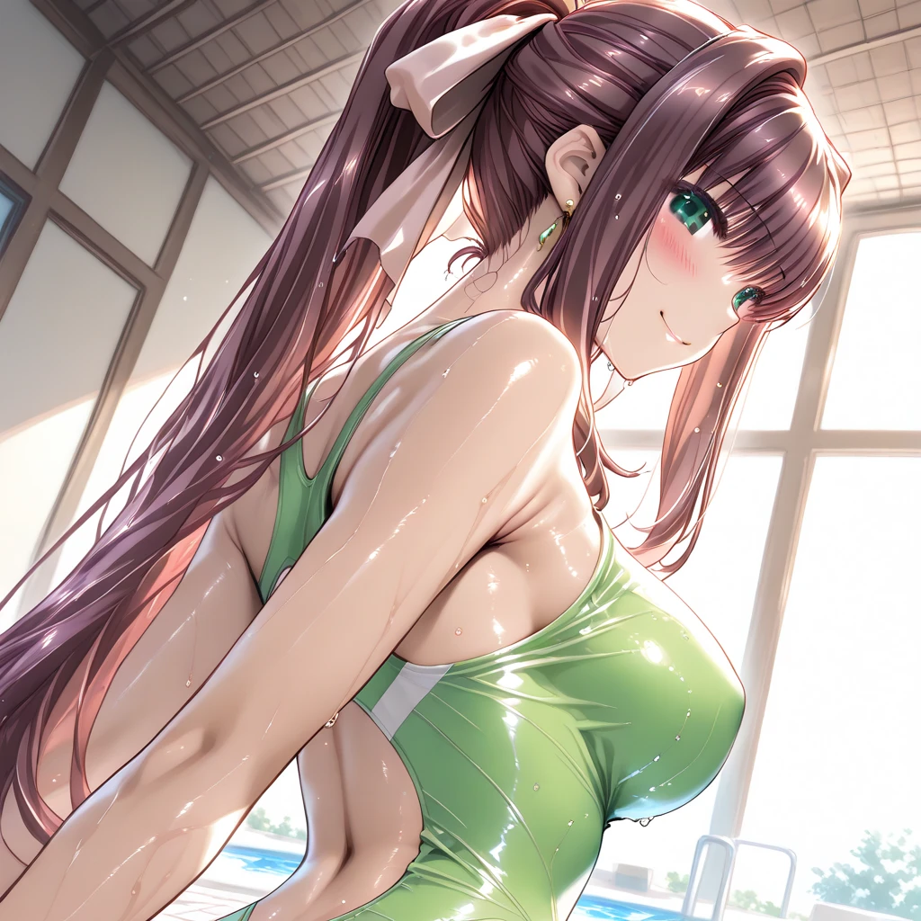 High resolution, high quality, 1 girl, Anime Girls, Brown long hair, Brown eyes, Green glasses, Sunburned skin, big breasts, (Big Ass),Beautiful ass,sweat,wet,highleg cheerleader,arms behind head,Lift your legs,at shower,(water),