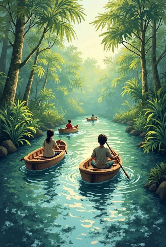 painting of a couple in a canoe on a river with trees, arte digital, detalhes ultra realista, Amazon Art