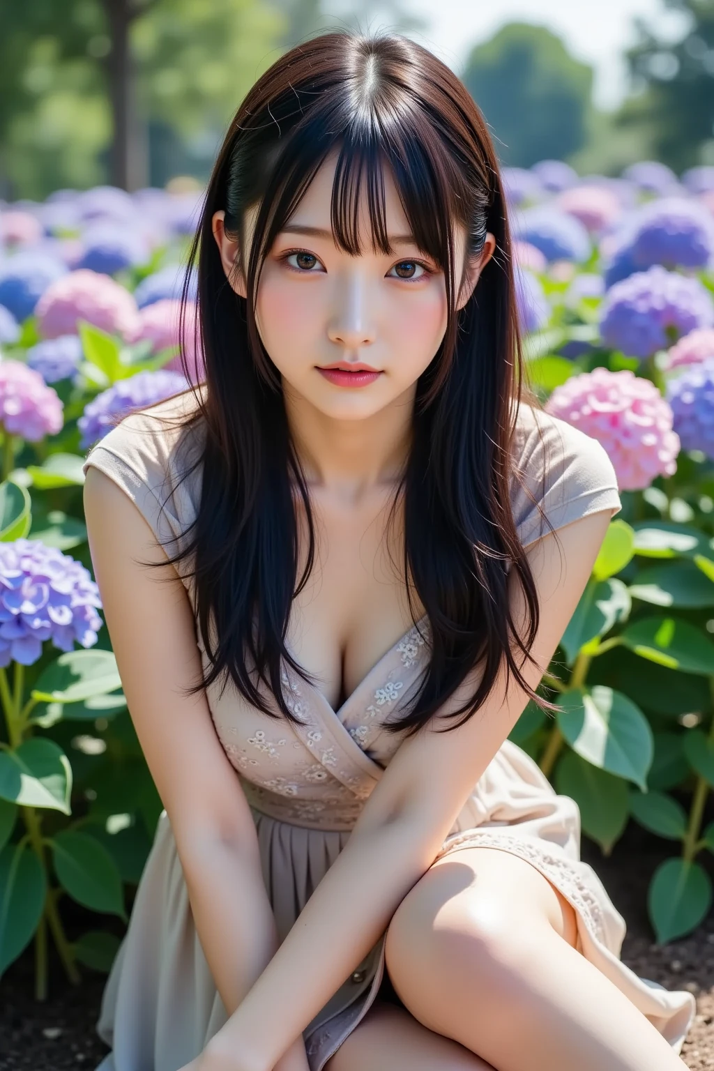 最high quality、high quality、Best image quality、8k、topless,Nipples are visible、最High resolution、High resolution、最high quality、masterpiece、RAW Photos、whole body写真、Detailed and realistic human body、Detailed and realistic skin、Realistic face in every detail、Detailed and realistic eyes、Detailed and realistic lips、Detailed and realistic teeth、Detailed and realistic ears、Detailed and realistic hair、Detailed and realistic weapons、Realistic reproduction of every detail、Realistic fingers in every detail、(Beautiful Hands、thumb１reference４)、Realistic feet down to the last detail、((Beautiful Japanese Woman))、(Japanese Model)、((21 year old beautiful woman))、(Black Hair)、(Straight hair)、((whole body))、(Slim and perfect figure)、(whole body光沢肌、Fair skin)、Detailed and realistic human body、Detailed and realistic skin、Realistic face in every detail、Detailed and realistic weapons、Realistic fingers in every detail、Detailed realistic feet、Soft natural light、Japanese garden、A 360-degree view of hydrangea fields、((Standing in the middle of a hydrangea field(A girl surrounded by hydrangeas 360 degrees))、Poses to make your thighs look beautiful