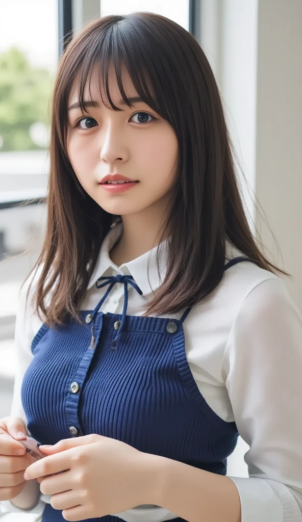 live-action、top quality、super high resolution、8K、Parks、angle from below、front view、Full body photo、Strong winds、(High school girl appearance:1.5)、petite height、highlights cleavage、(Different poses every time you shoot:1.5)、(closely:1.5)、face、( Raccoon Face :1.5)、dark brown hair、 short ponytail in a low position 、layer cut、straight hair、Wet hair quality、has bangs、glossy skin、(big boobs:1.5)、Marshmallow Body、white school shirt、Navy blue school vest、black pleated mini skirt、dark blue high socks、black loafers、 and I have a school bag