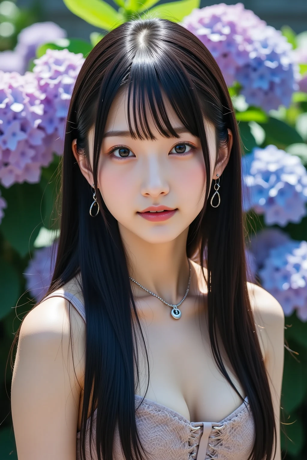best quality, tmasterpiece,Ultra-high resolution,Clear face,(Reality:1.4),ferpect lighting,(upper body photo), (photorealistic:1.50), anime wallpaper, Guviz style artwork, cover-up fantasy up to magic , by Yang J, Guviz, beautiful artwork illustration, beautiful digital artwork, beautiful digital illustration, Li Song, beautiful anime portrait, art style in Beauvot, 1girl, 独奏, red eyes, hair flower, , serafuku, hydrangea, Garden, looking at viwer,