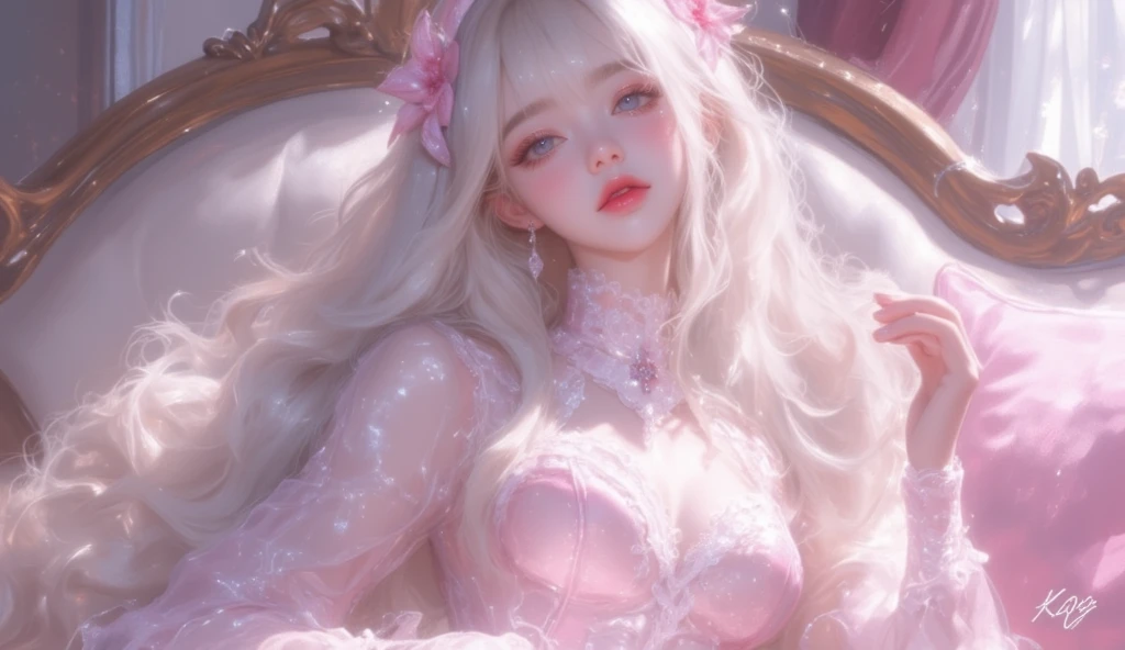 Transparent lace pajamas,Japanese cute woman、barbie dream bed,Lying in bed、(Fluorescent Color:1.4)、(translucent:1.4)、(Retro filter:1.4)、(fantasy:1.4)、Candy world Disney fantasy fluffy soft scenery forest snow avatar pink sky green blue glow dreamy lights soft soft glow rainbow stars diamond glitter gem background surreal ultra hd movie lighting huge details full hd full light、