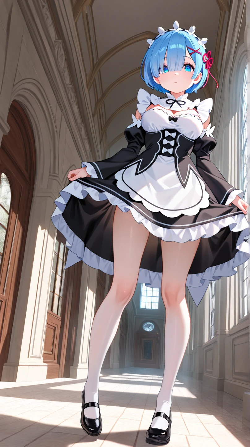 Highly detailed CG Unity 8k wallpaper, Top quality, Highly detailed, Masterpiece, Highly detailed pretty girl, 8 years old, (((lifting skirt by herself))), (lifting skirt by herself)), dynamic angles, sexy pose, blush, lips apart, looking at audience, half body shot, (crowd), (crowded big city)), hair over one eye, immaculate beauty, less revealing maid outfit, classical maid fashion