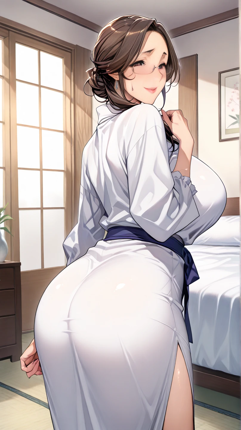 ((1 girl)),((Alone)), Tsubaki Miyajima ,((Extremely detailed CG unity 4k wallpaper)),(Masterpiece),(ultra quality),(Ultra detailed),(best illustration),( best shadow),(extremely detailed),(absurdities),(detailed background), looking at viewer, ((eye contact, (standing:1.2), (skirt pulling:1.3), (seductive look:1.2), seductive smile, ((white kimono:1.4),cleavage,bare legs)) black_Hair, long_Hair, Hair_pulled_Back, parted_Lips, purple_eyes, braid, 1 girl, 24 years old, mature woman, beautiful Finger, beautiful long legs, beautiful body, beautiful Nose, beautiful character design, perfect eyes, perfect face, perfect Fingers, perfect hands, perfect breasts, perfect body, perfect mouth, perfect Lips, , mature woman, curvy body, long hair, black purple hair, blue eyes, dynamic pose, cowboy shot, (thighs: 1.2) , thick thighs )),((interior, ((Standing: 1.2)), house traditional Japanese,night,moon,window,urban background,city lights)),big breasts,narrow waist,wide hips,medium thighs,round butt,Beautiful detailed eyes,suductive look,nail polish,solo,earrings,Backlit ,looking back,from behind,((focus on ass)), pov: (from below), perfect anatomy, perfect hands