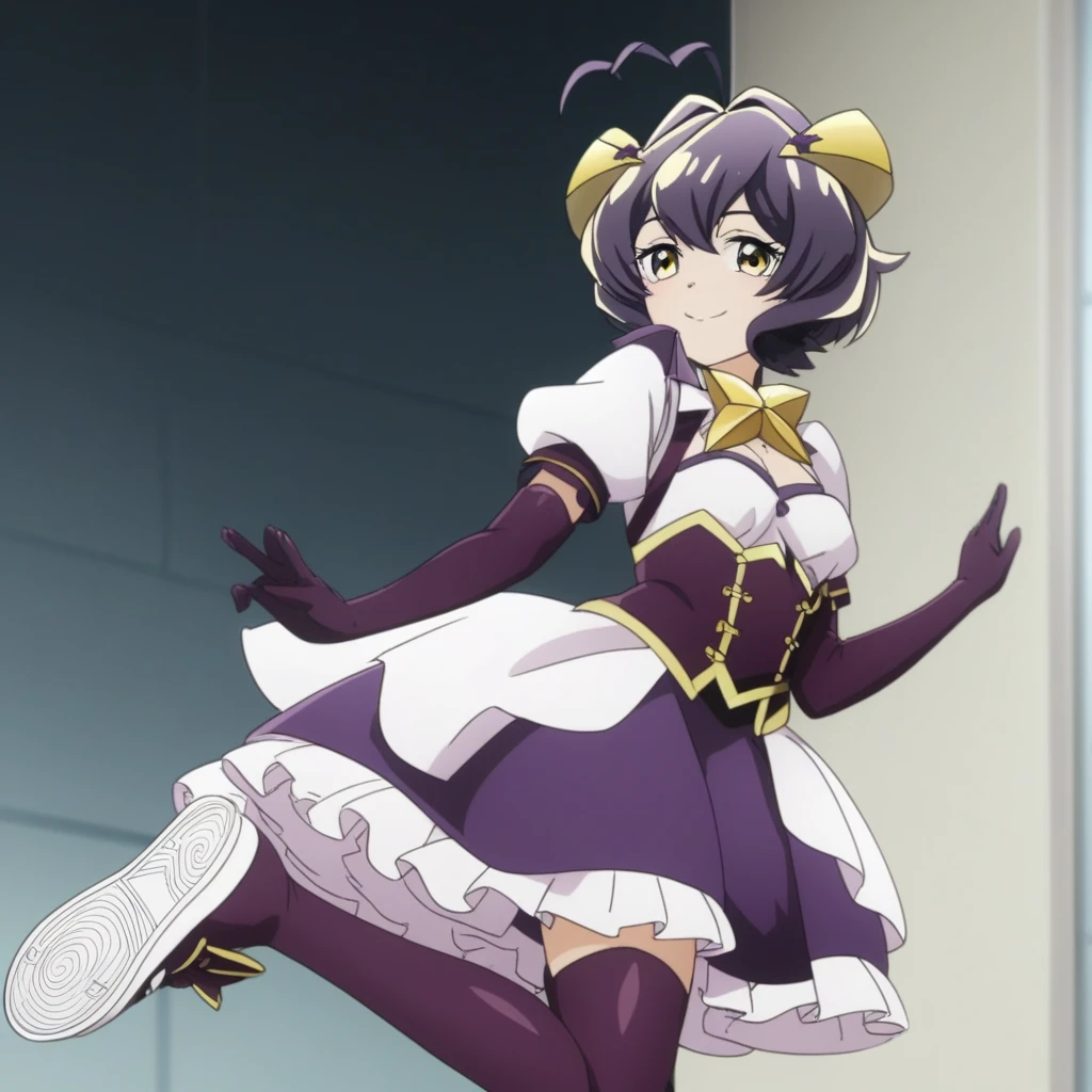 animedot, girl, Female, anthro, portrait, (best quality), standing in front of the viewer, Toony, thin hips, sexy female shapes, sexy purple rounded butt, big white breasts with pink nipples, presenting purple innie pussy, sexy white legs, light purple eyes, white face, light red small nose, short purple hairs with yellow flower, purple body, short white gloves, white calf and white feets, purple arms, sexy, seductive, very short raised lifted up pink skirt, 