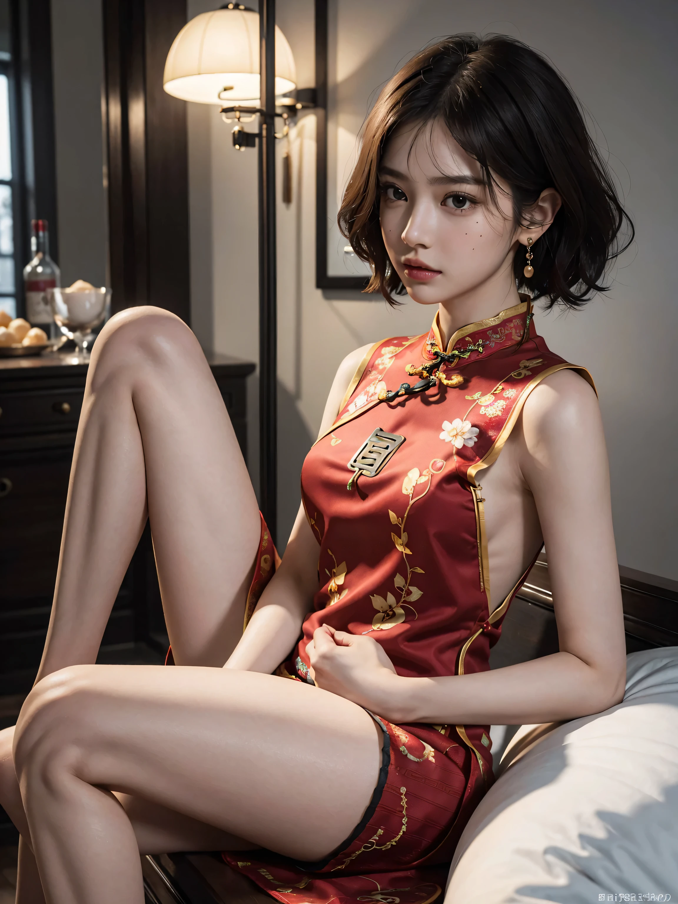 A young girl,Very detailed CG unity 8k wallpaper,(杰作),(best qualitiy),(Ultra detailded),(ultra realistis),Wearing a crystal headdress on a water-patterned bead curtain,wearing a red cheongsam,The clothes are fluttering,The waist-hip part ratio is 0.8,Beautiful and decent,Paired with the charm of Chinese architecture in the background,It looks particularly calm and dignified。