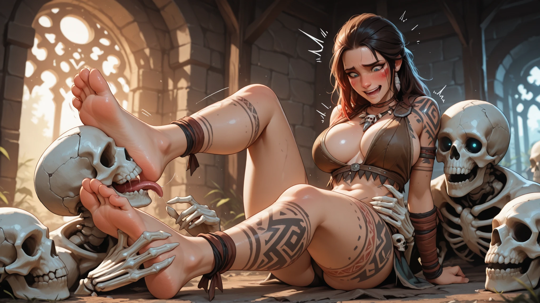 Beautiful anime-style witcher warrior woman,tickling,licking body,very saliva,to tighten,foot worship,
embarrassed,
abused by skeletons, barefoot,human,legs spread,big breast,skulls,highlight the sole of the foot, half naked,feet fetishe,soles,tribal tattoos,sexy, anime illustration, highly detailed, vibrant colors, sharp line art, cinematic lighting, masterpiece, best quality, 8k, high resolution,