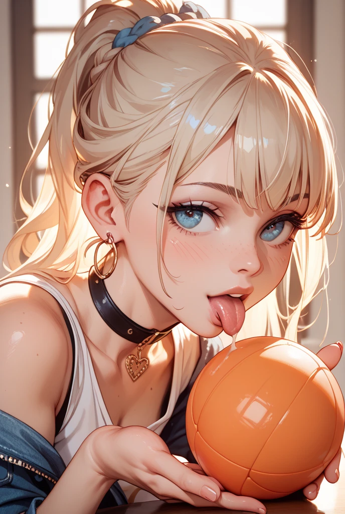 mature woman, (mature face, hot face), nasty expression, raven hairstyle, (white hair color, black gradient hair color), (sharp eyes), black pupils, glossy lips, tongue out, drooling yellow liquid, voluptuous body, big breasts, big ass, black tank top, hotpants, bedroom, looking up at viewer, above view, front view, kneeling on the floor