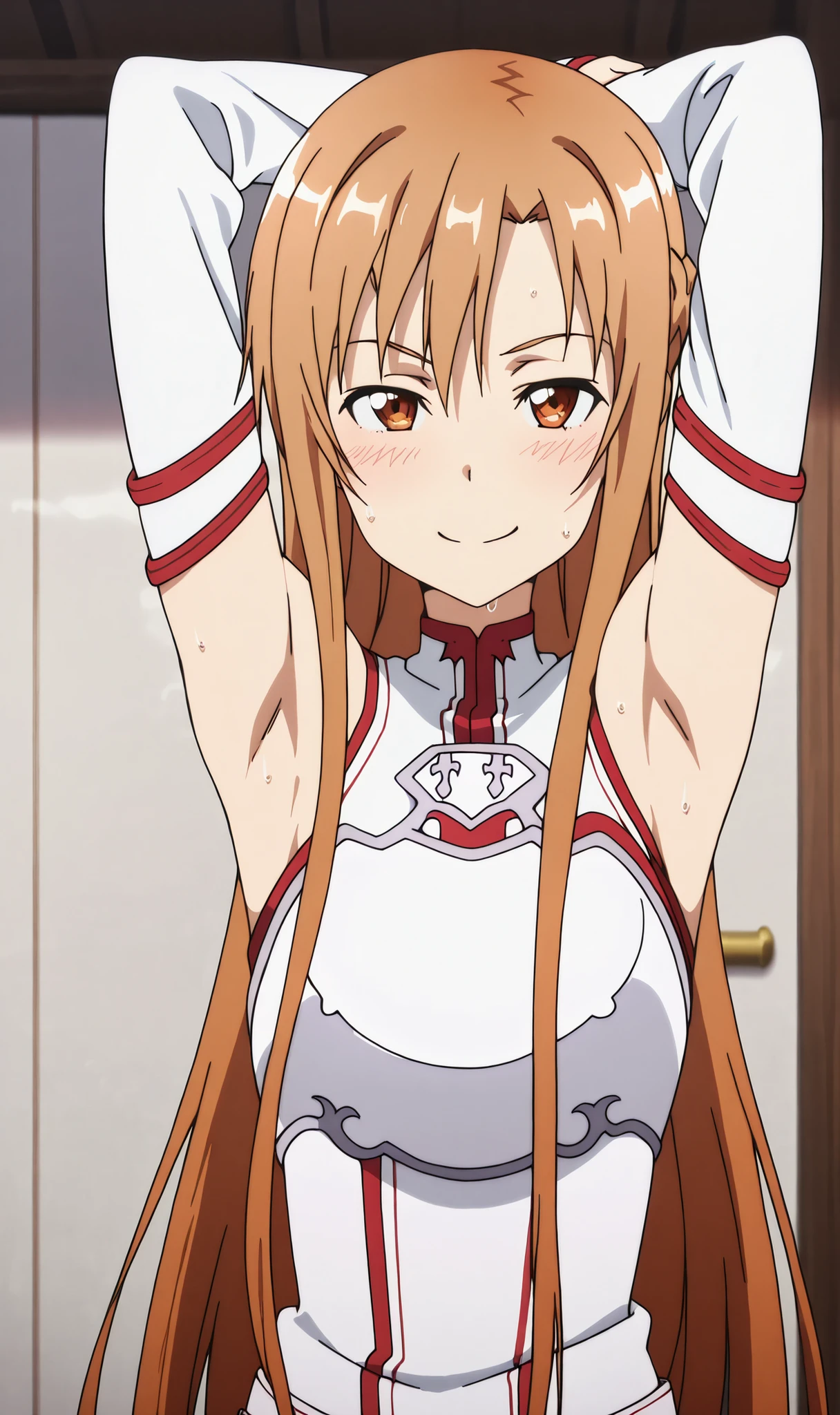 masterpiece, best quality, amazing quality, anime screencap, anime coloring, 1girl, solo, Yuuki Asuna, Yuuki Asuna SAO costume, White Armor, White plate, White isolated sleeve, (character), long hair, detached sleeves, bare shoulders, arms up, both raised arms bent behind her head, hand on elbow, armpit, showing armpit, sweaty, angled to the side, head turned to look at viewer, looking at viewer, bright smile, beckoning, confident smirk, , slight blush, white interior mansion background, armpit shadow, stuffy,