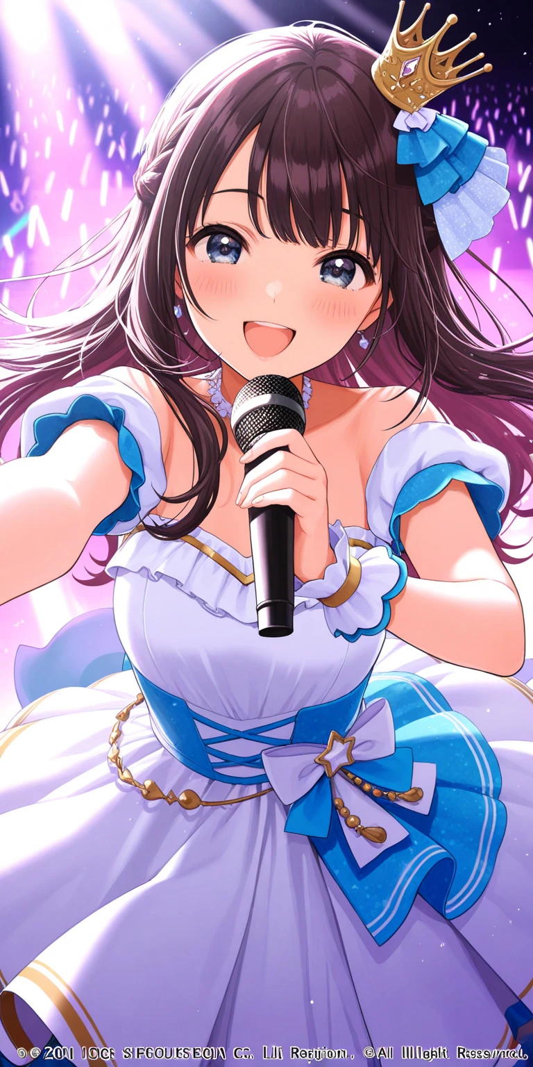 A close-up of a beautiful girl wearing a dress on a stage, anime girl, wearing a purple idol costume, short sleeves, choker with a bow, low-cut chest, long white stockings with lace, looks like a model, singing and dancing on a stage, have a microphone, dark brown hair, wavy hair, long hair, expressive hair, flowers hair ornament, swept bangs, long bangs, aqua eyes, detailed eyes, bright eyes and pupils, blush, joyful expression, purple hair ribbon, crystal earrings, smile, red lips, glossy lips, open mouth, tongue, upper teeth, singing happily, big rounds breasts, thin waist, perfect arms, defined thighs, thin legs, sexy pose, white lace panties, high definition, natural light, high detail, anime, dithering, image fill, perspective, Wide-Angle, f/1.8, 85mm, Sony FE GM, 8k, 8k wallpaper, super detail, highly detailed CG, UHD, retina, masterpiece, accurate, anatomically correct, textured skin, highres, best quality:1.3, 16k
