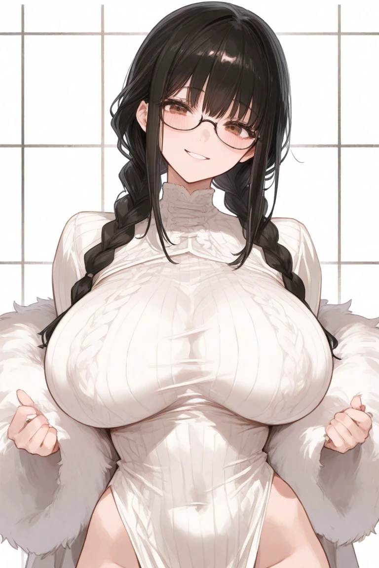 1girl, solo, masterpiece, adult_woman, (((wearing_white_knitted_long_sleeved_turtleneck_sweater))), beautiful_detailed_eyes, blue_eyes, (((embarrassed))), (chestnut_mouth), (avert_eyes_from_viewer),  facing viewer, (hands_between_legs), ((standing)), (full_face_blushing), sweating, (black_cat_ears), (close_up), black_long_hair, ((DD_boobs_size)), (((white_thigh_high_socks))), wearing_black_side_tied_panties, with_BLACK_glasses, attractive_anime_girl, white_background, perfect_hands, perfect_anatomy, full_body, high_resolution, ultra_sharp, 8k