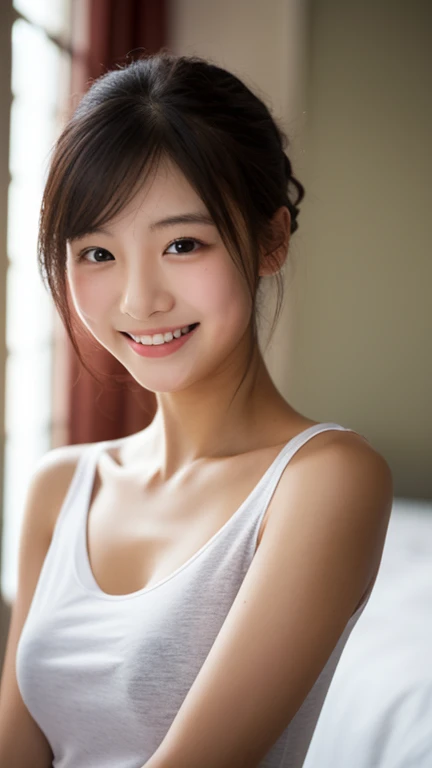 masterpiece,best quality,(Japanese ),((Beautiful girl)),cleavage,indoor,(perfect body beauty:1.2),(shy smile),beautiful teeth,