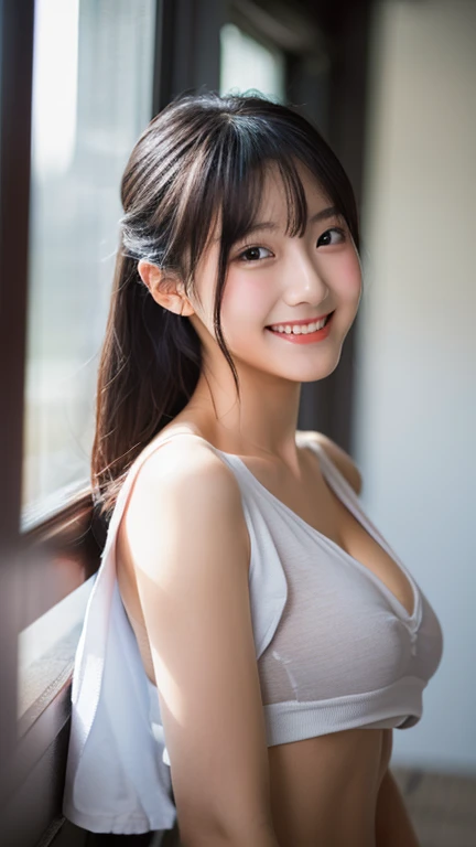 Image resolution 8K、masterpiece:1.3)、Beauty、1 female、(魅力的なBody Type:1.2)、abdomen:1.1、Dark brown hairstyle:1.1、(Body Type:1.2)、Ultra-detailed face、Attractive lips、double eyelid、Wearing a white silk one-piece dress、Super realistic and super cute in every detail、Japanese、Japanese女性、20th generation(28 years old)、Smile with a beautiful smile、Hair blowing in the wind、color々Hair style、Light shining from behind、