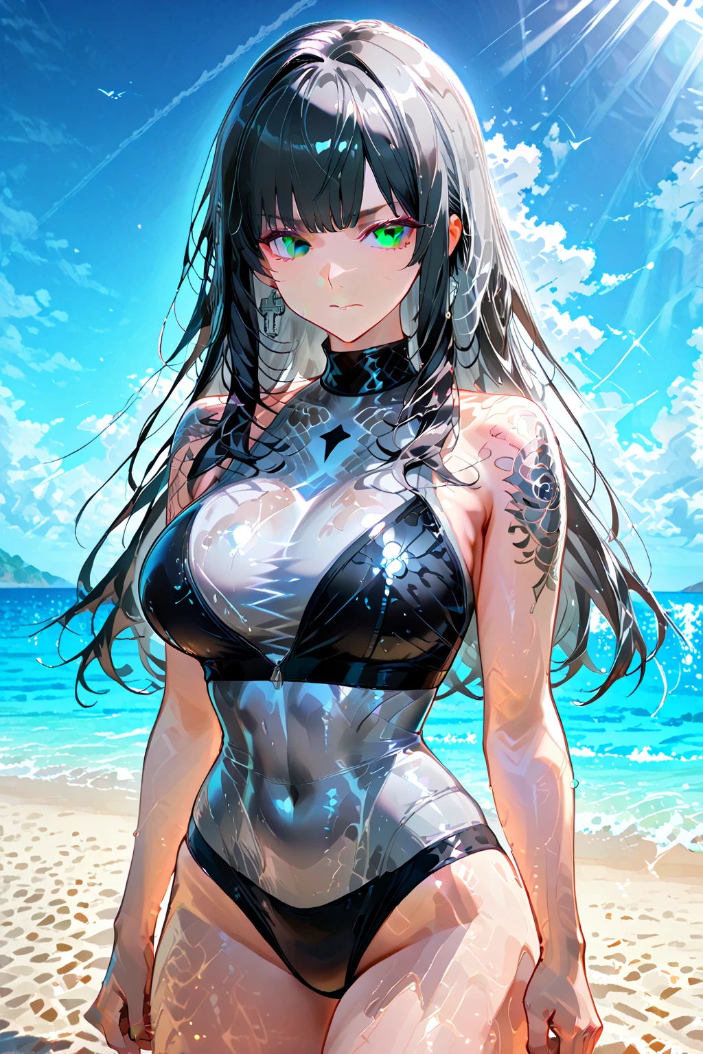solo, female, tall, glowing blue eyes, slicked back hair, long hair, large breasts, smirk, JC Denton, circuitry on forehead, ((sunglasses)), cute bikini, beach, pose, adjusting glasses, athletic, abs, circuitry on skin