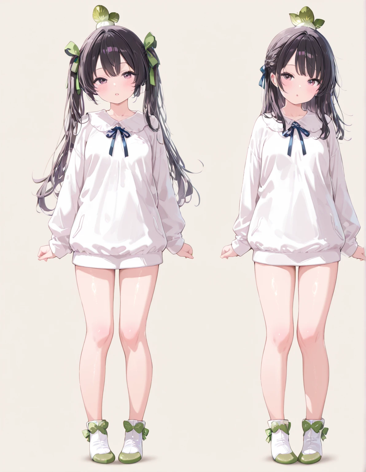 Detail image, realistic image, 1 elf. smiling. She has medium long brown hair which has strands of hair hanging over the right side of her face, large blue eyes and a delicate oval face, small breasts and a slim, curvy figure. She is wearing a navy off-shoulder sweater, thin thong. sneakers. Full body view. Black background, Uniform background. Ambient light. Volumetric Light
