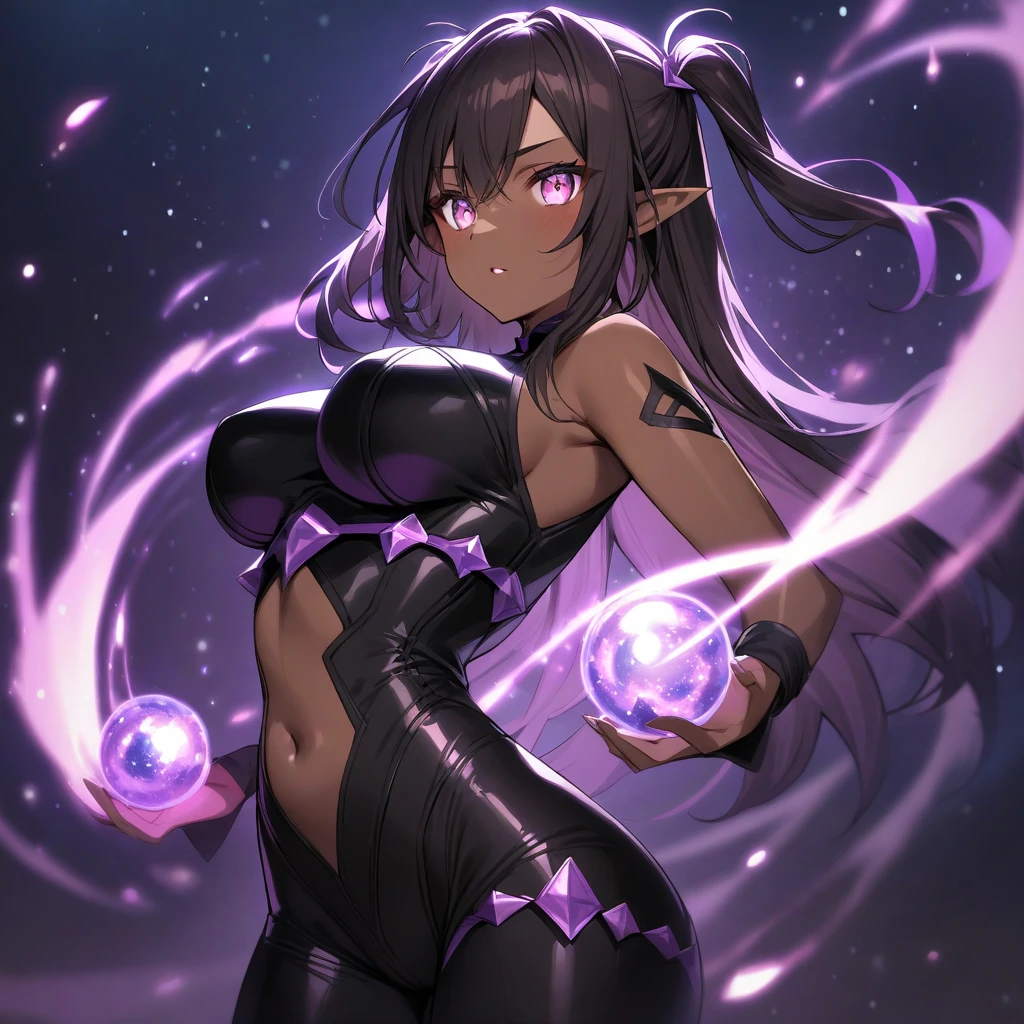 Absurdities, High Resolutions, Ultra Detailed, (1 Girl: 1.2), (((Dark Tan Skin: 1.0))), ((1girl)), ((Full body)), Short dark shirt that only reaches the navel, Elf's ears, (Sleepy and tired eyes),
Pants with chain on one side, purple hair, Short hair with pigtails and bangs, Purple eyeliner, purple eyes, with braceras on their hands in the shape of spikes, Spiked collar on the neck, ((Summoning powers with purple fire )) bright lighting, cyberpunk
